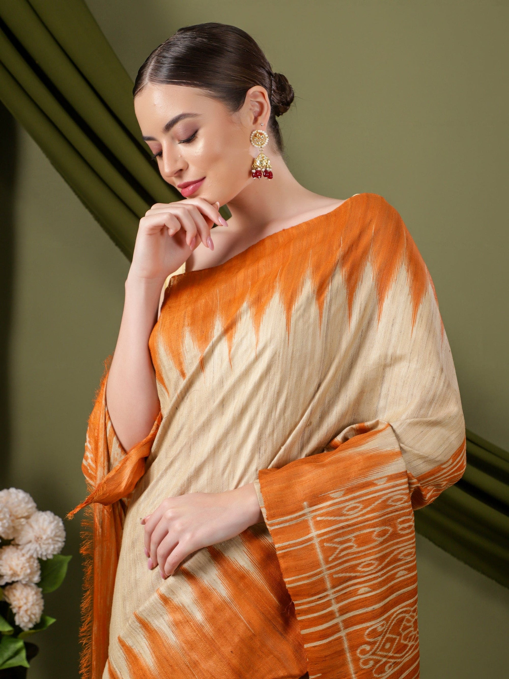 Madhubani Silk Saree - Beige & Orange