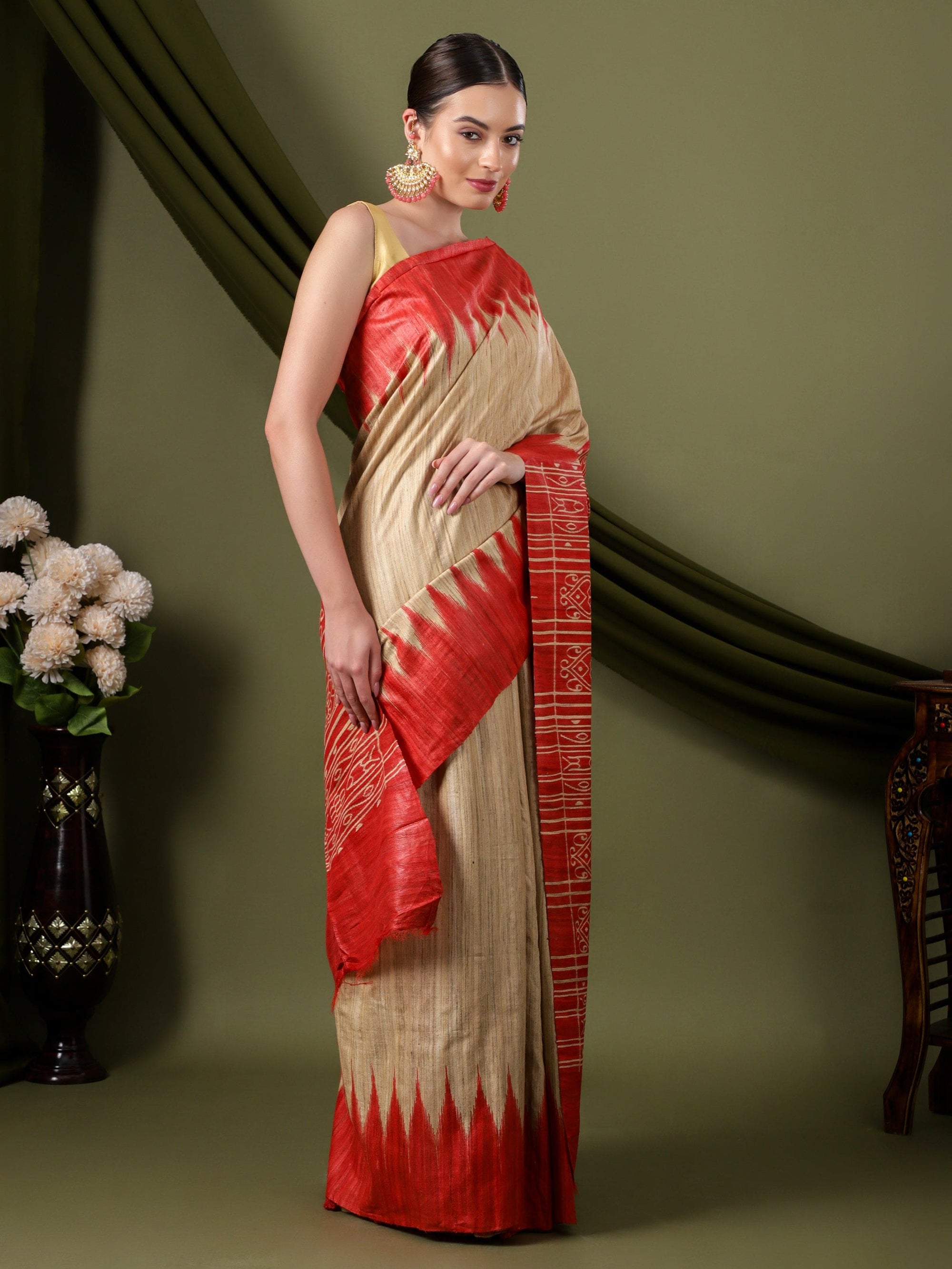 Madhubani Silk Saree - Beige & Red