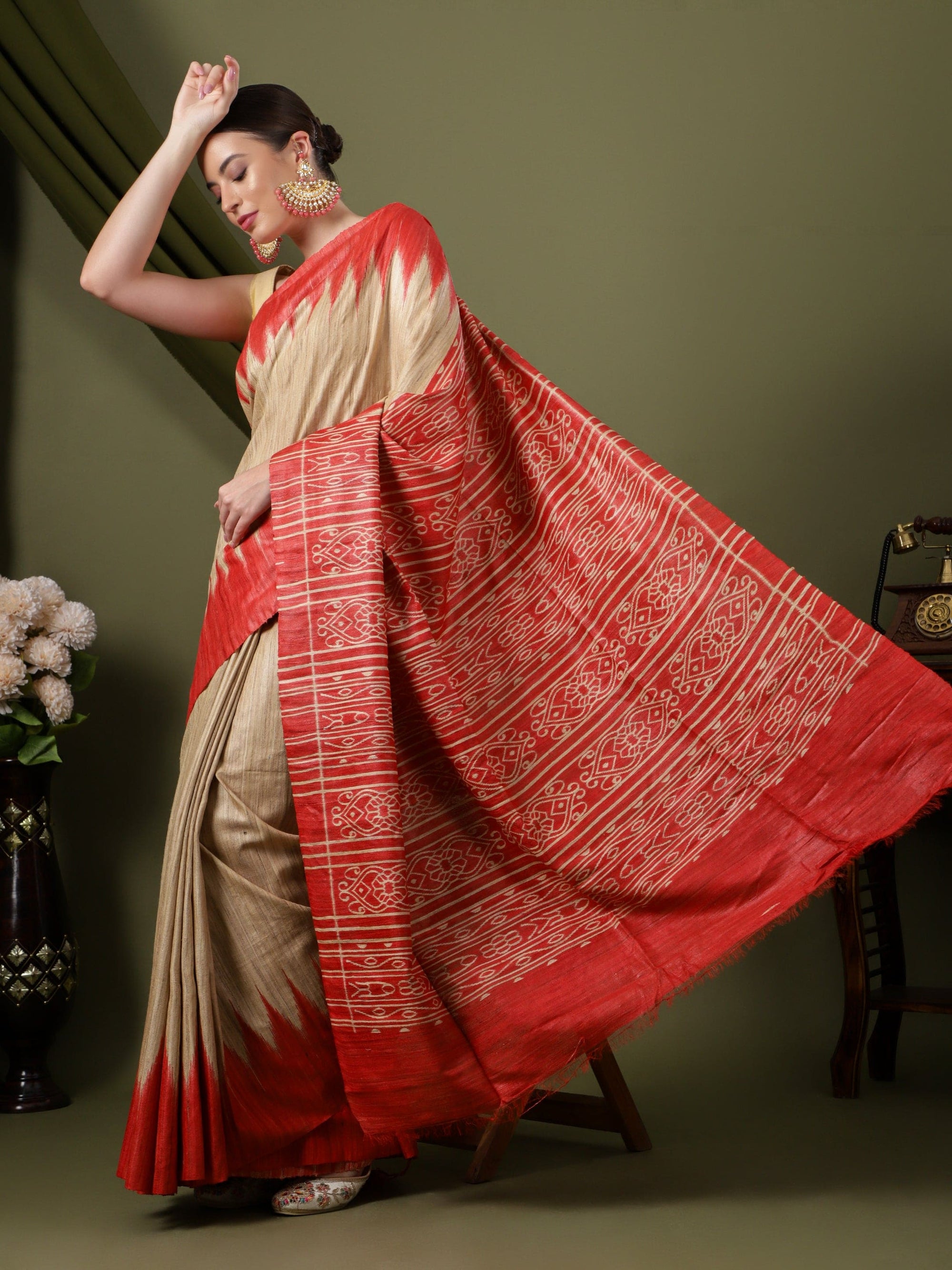 Madhubani Silk Saree - Beige & Red