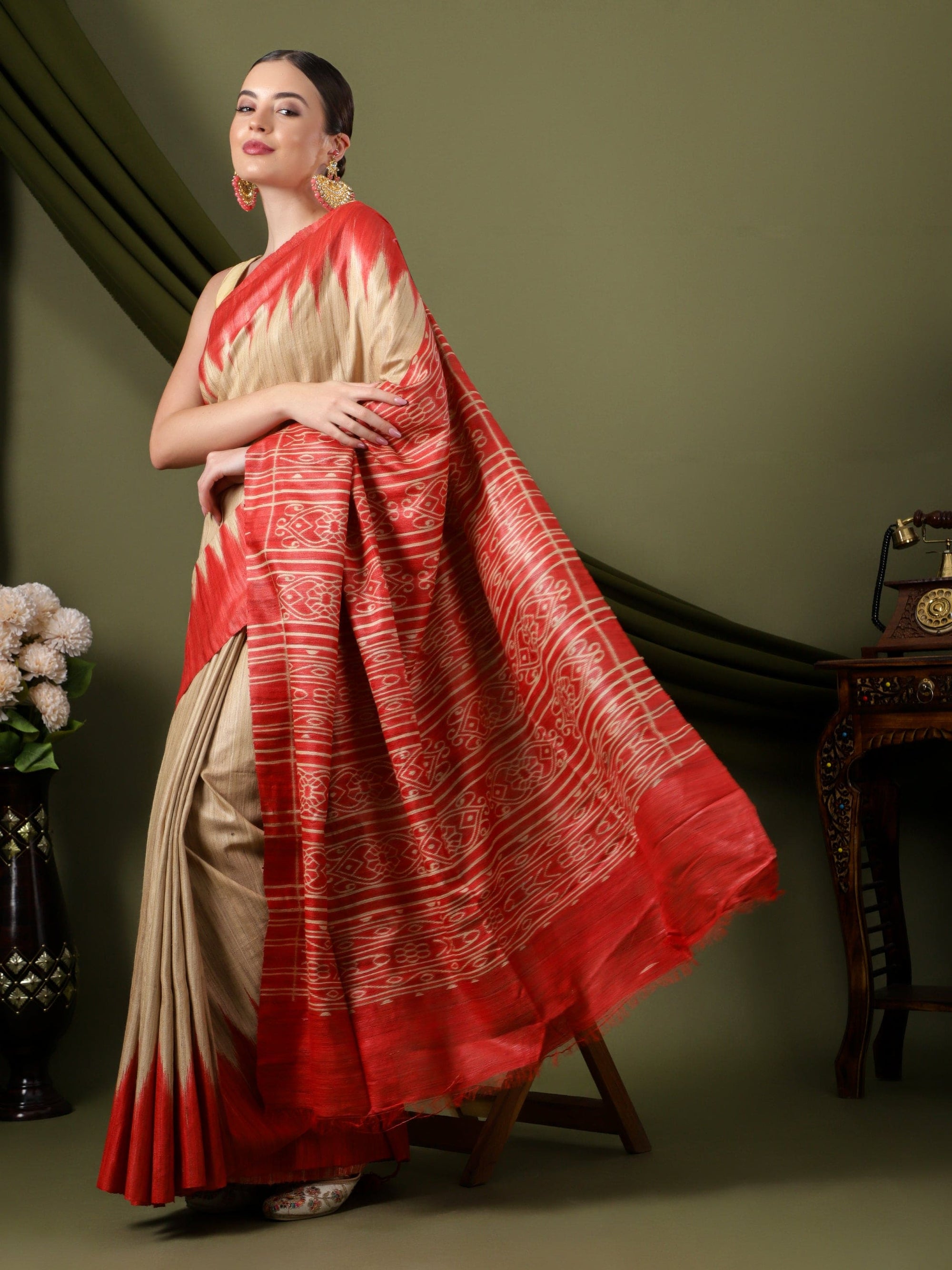 Madhubani Silk Saree - Beige & Red