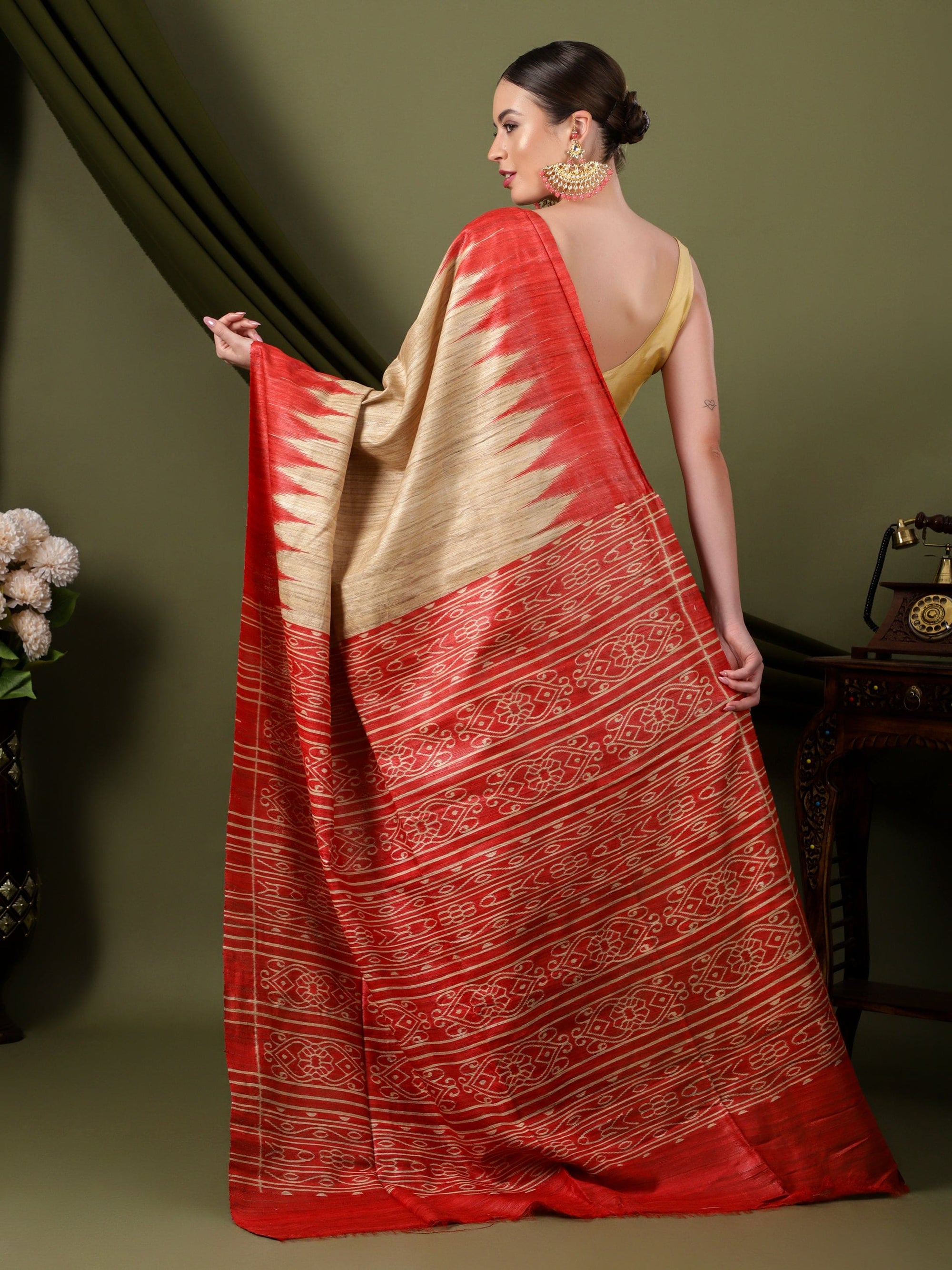 Madhubani Silk Saree - Beige & Red