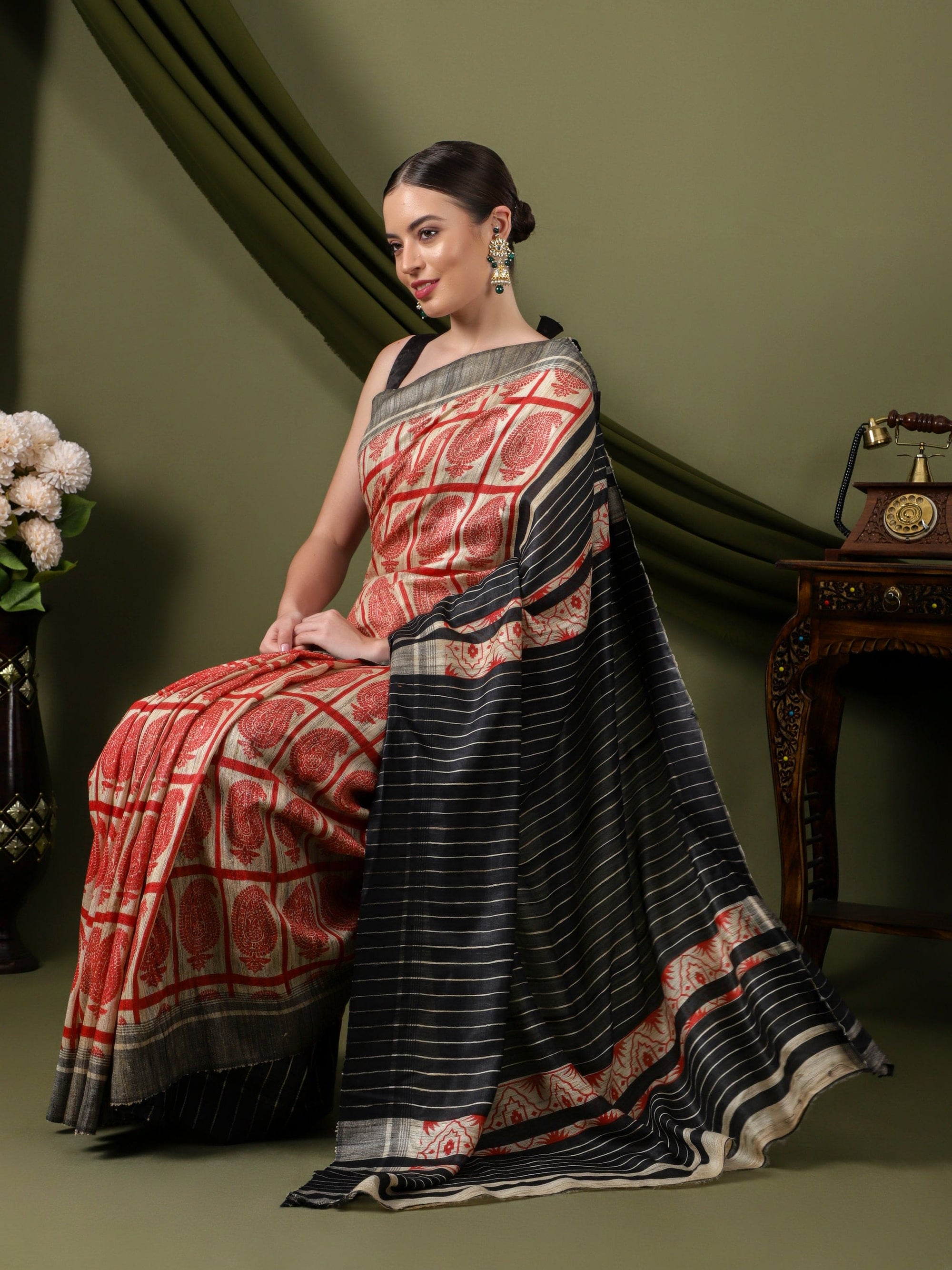Multicolor Silk Saree - Red & Black