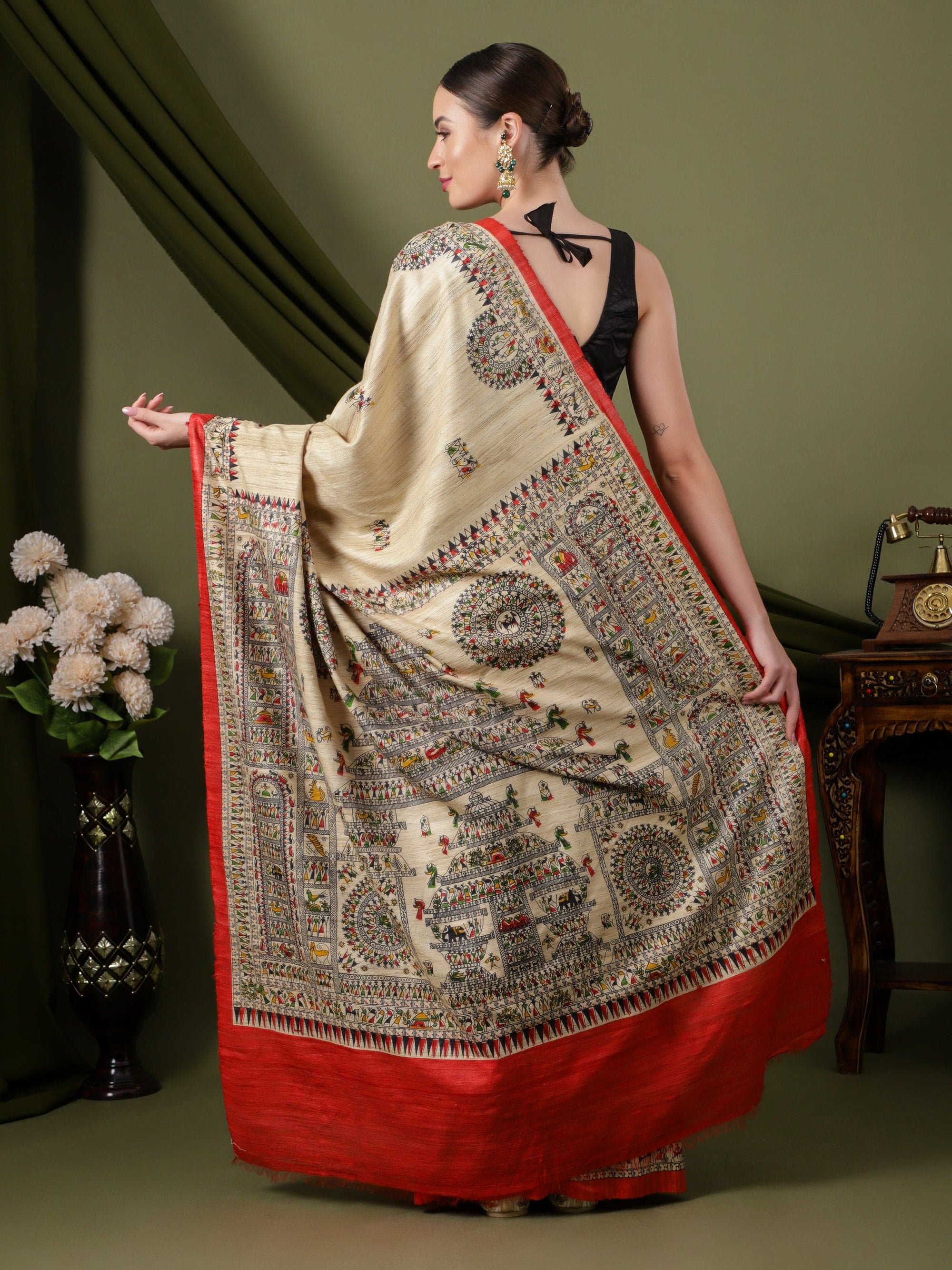 Madhubani Silk Saree - Beige