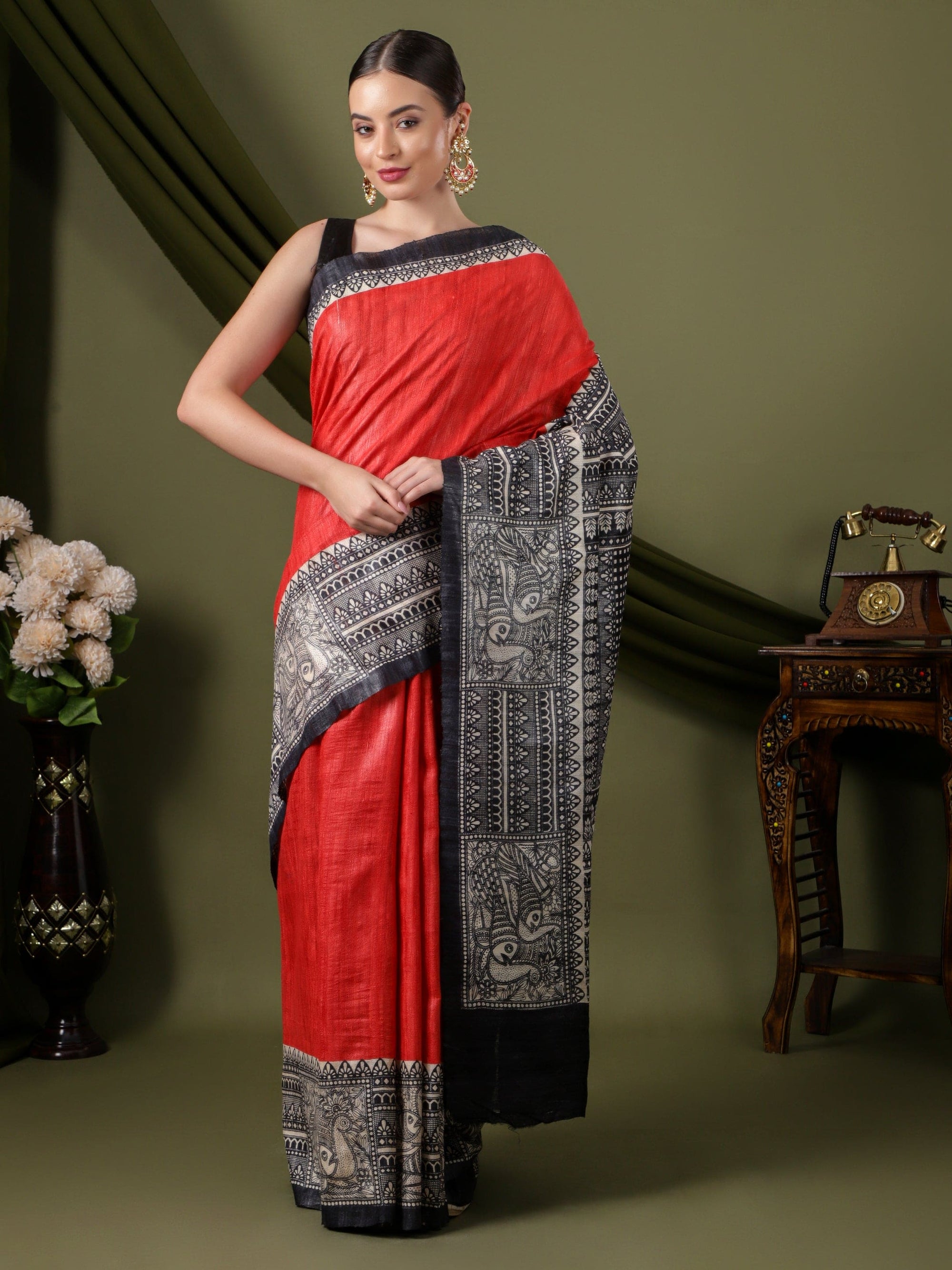 Madhubani Women Saree - Red & Black