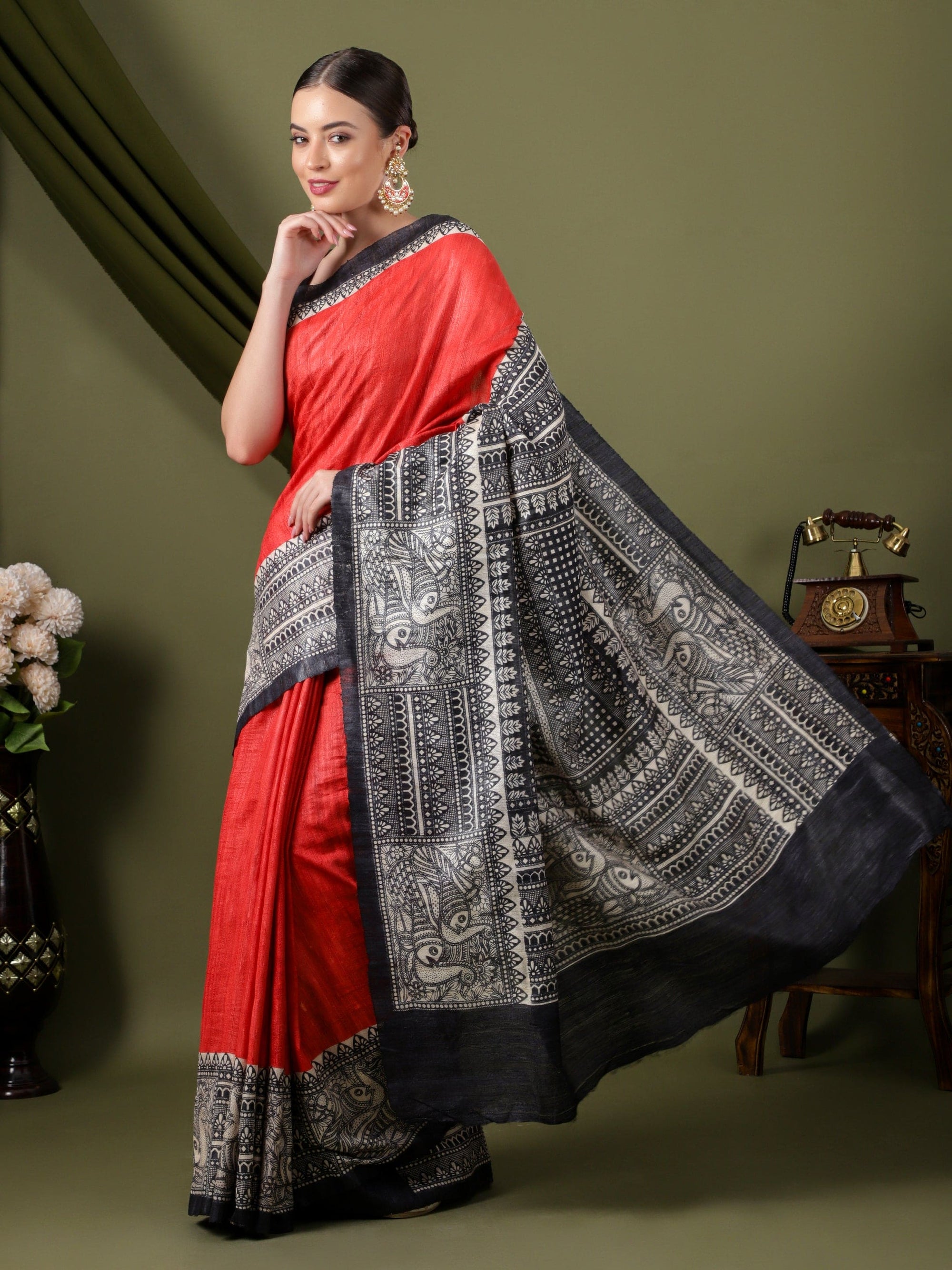 Madhubani Women Saree - Red & Black