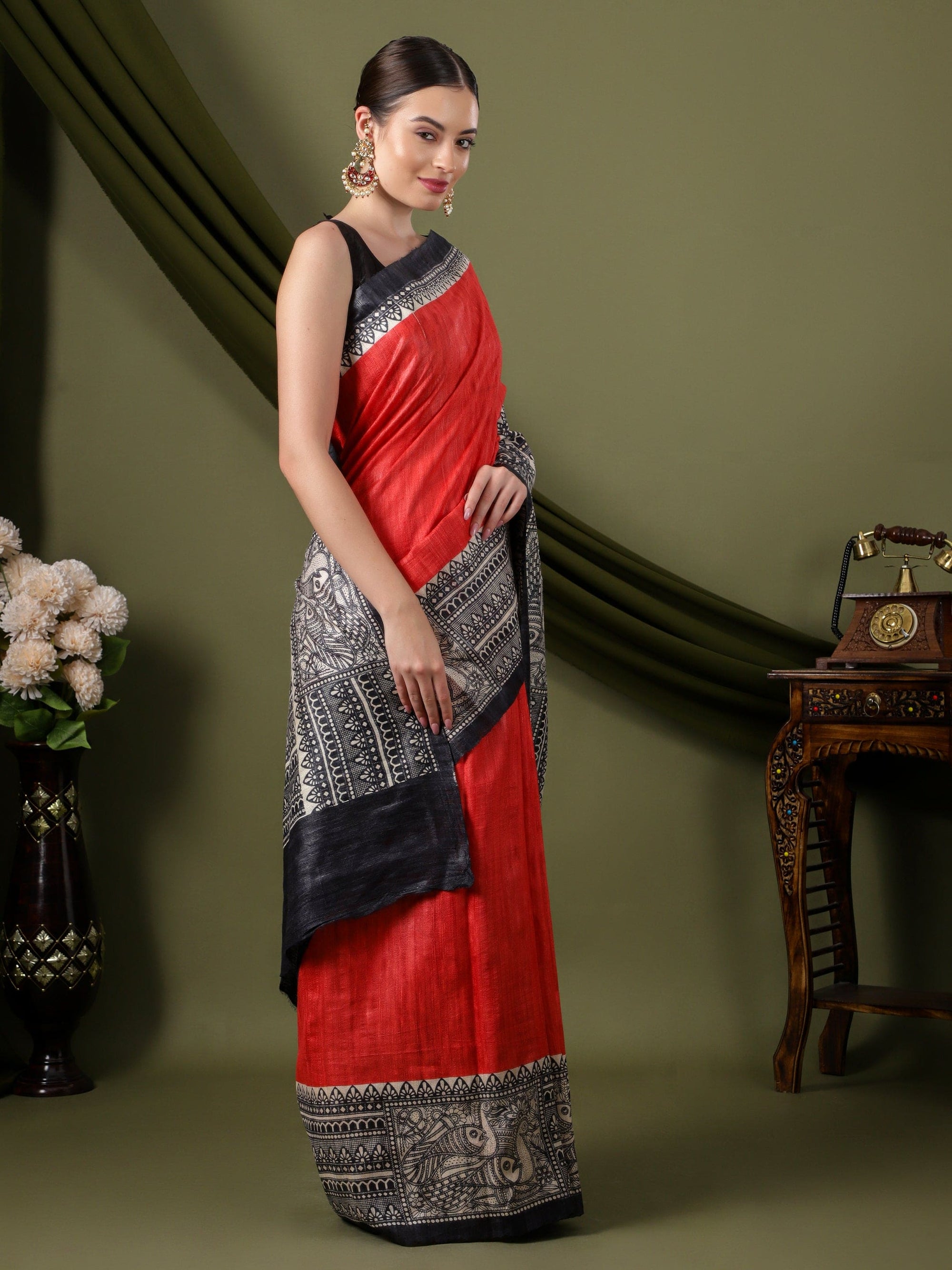 Madhubani Women Saree - Red & Black