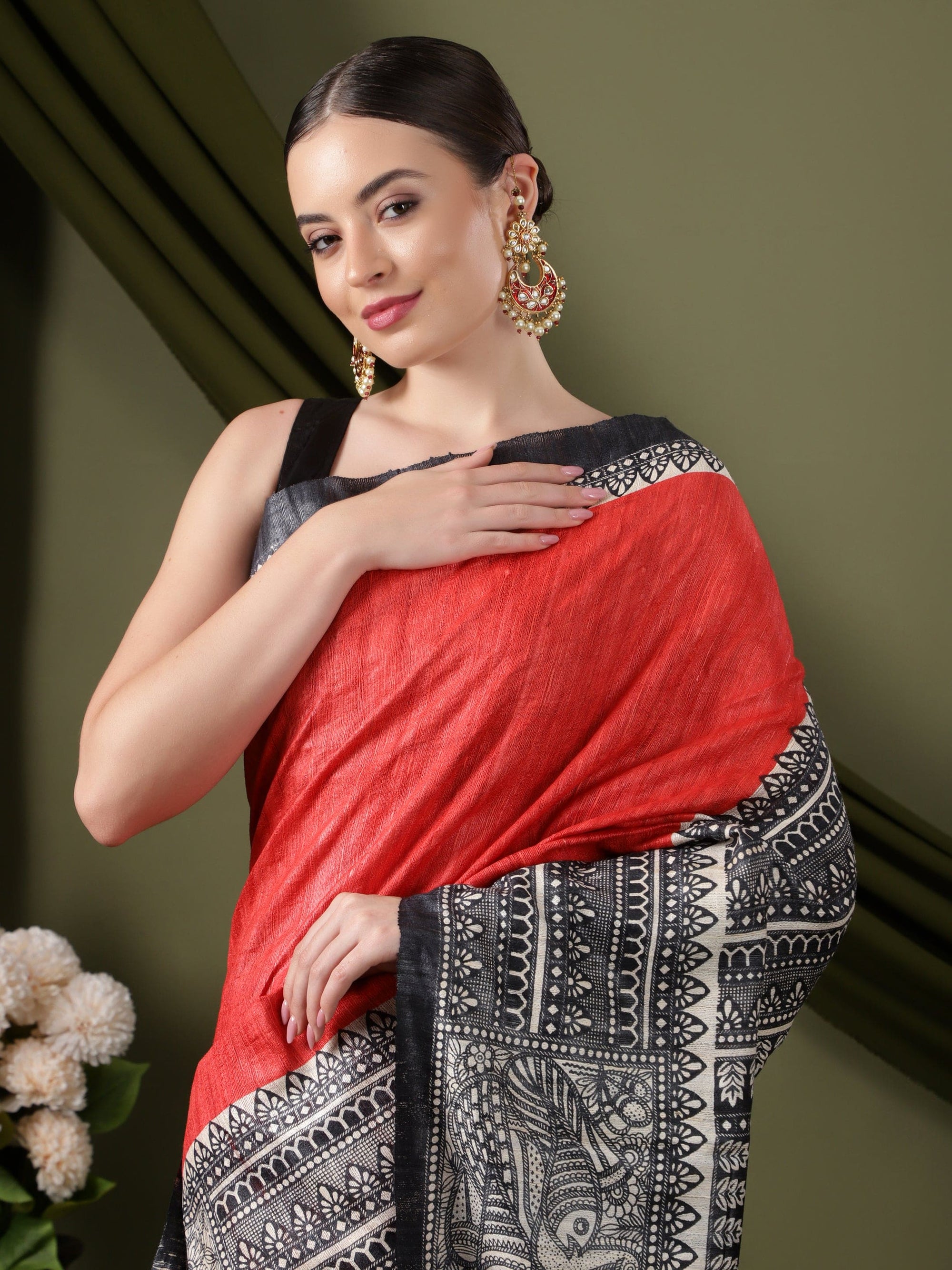 Madhubani Women Saree - Red & Black