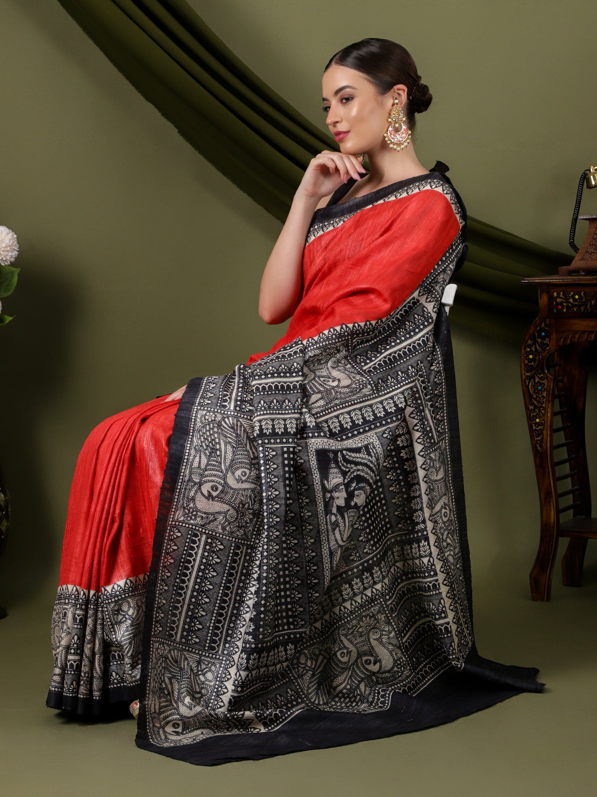 Madhubani Women Saree - Red & Black