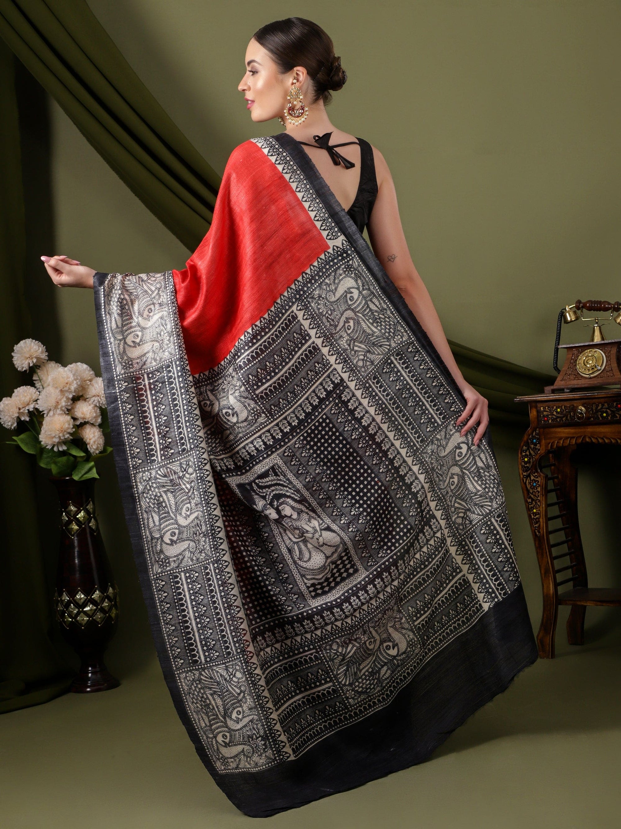 Madhubani Women Saree - Red & Black