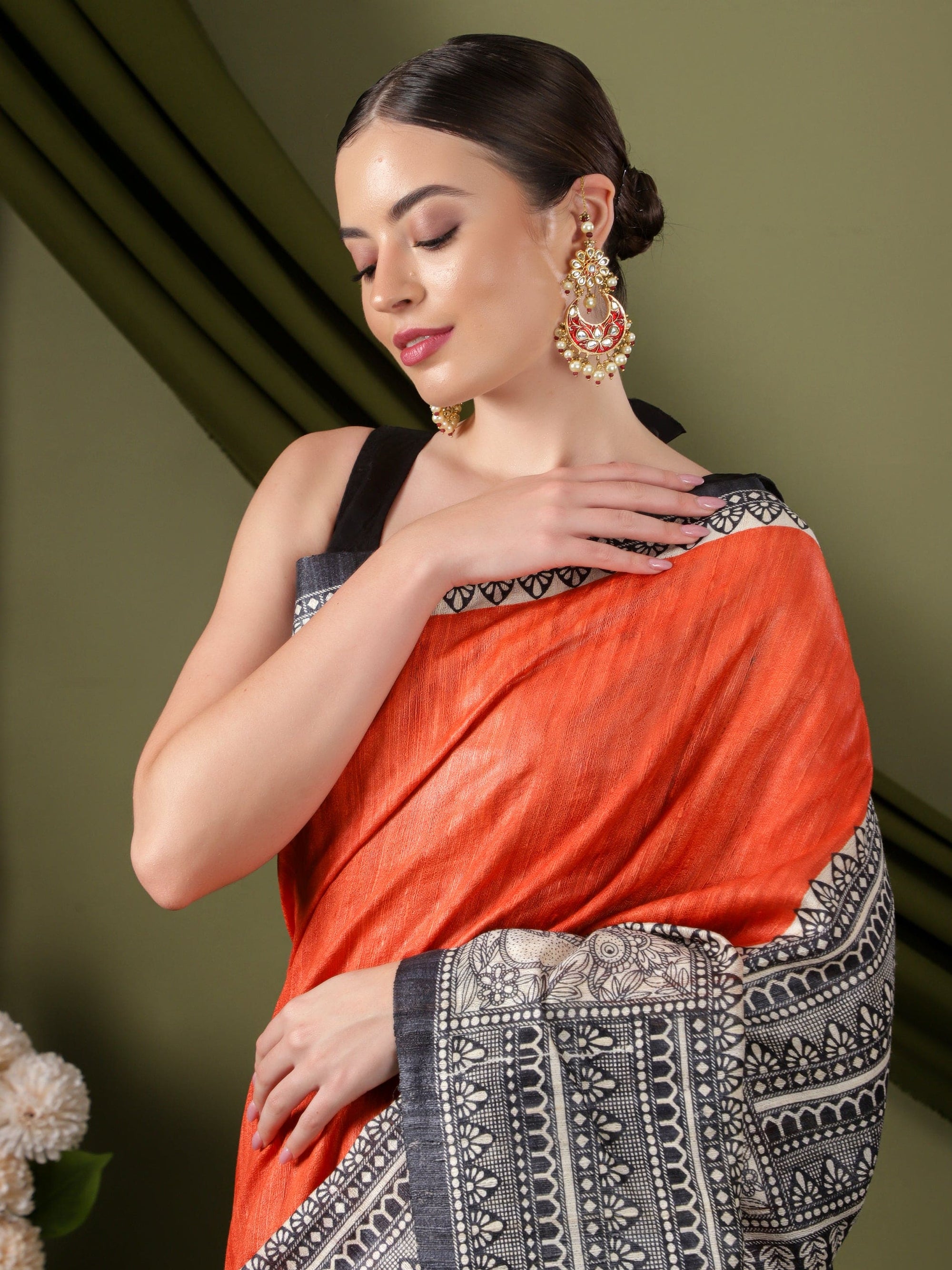 Madhubani Print Sil Saree - Orange & Black