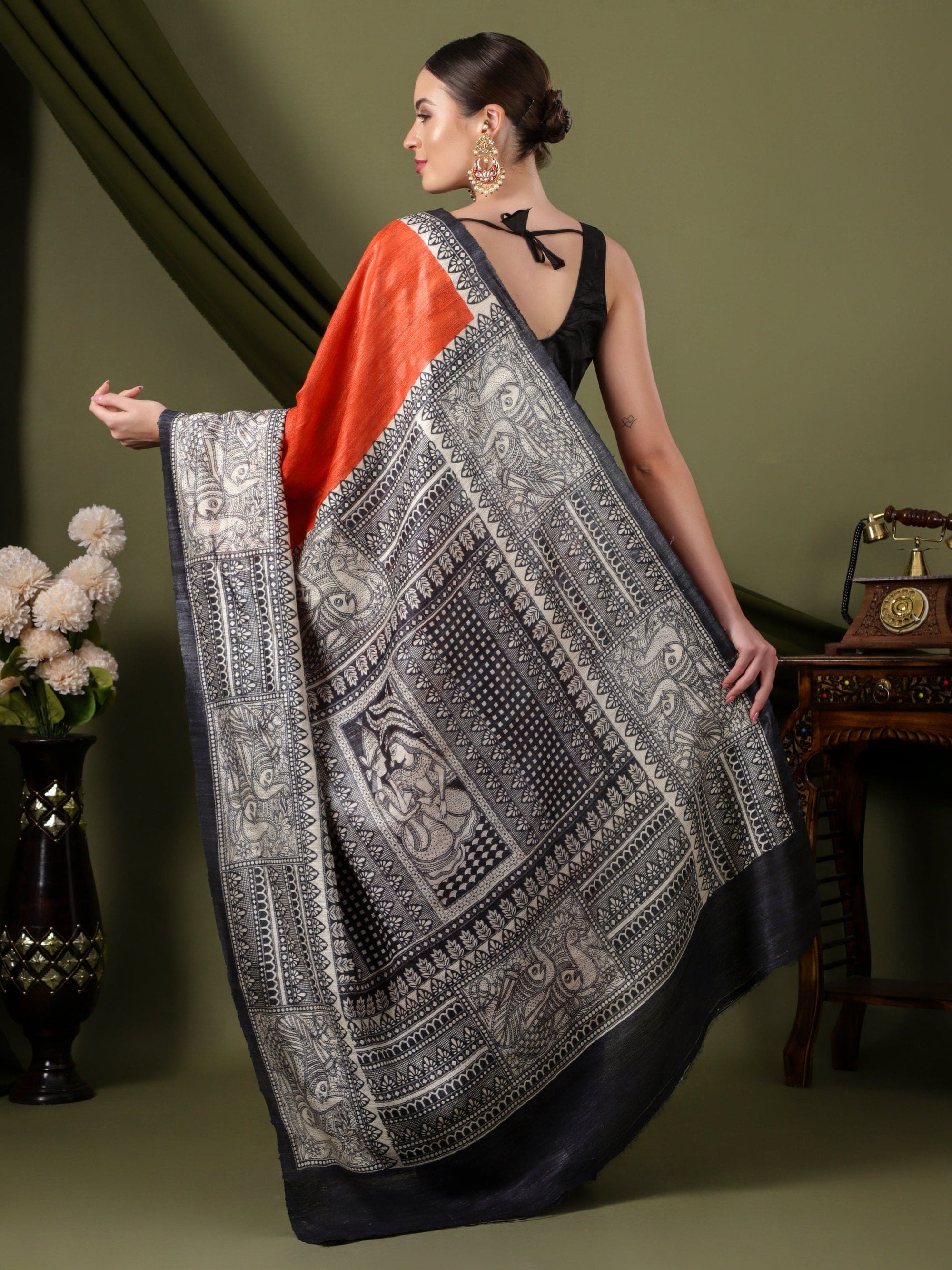 Madhubani Print Sil Saree - Orange & Black