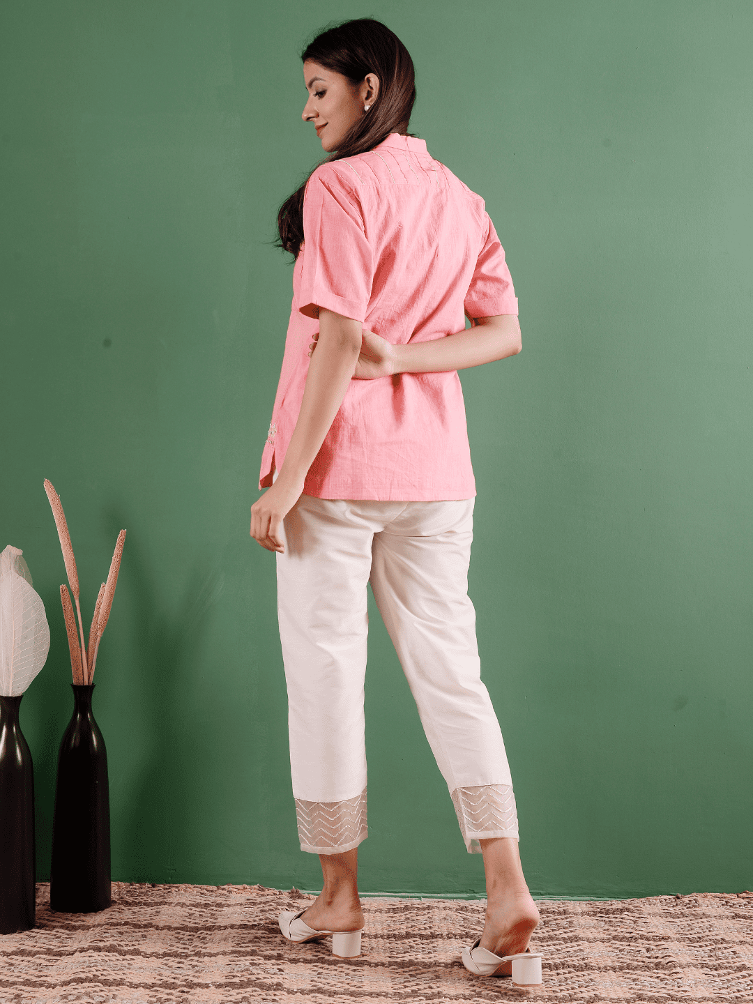 Embroidered Lapel Collar Shirt - Dusty Pink