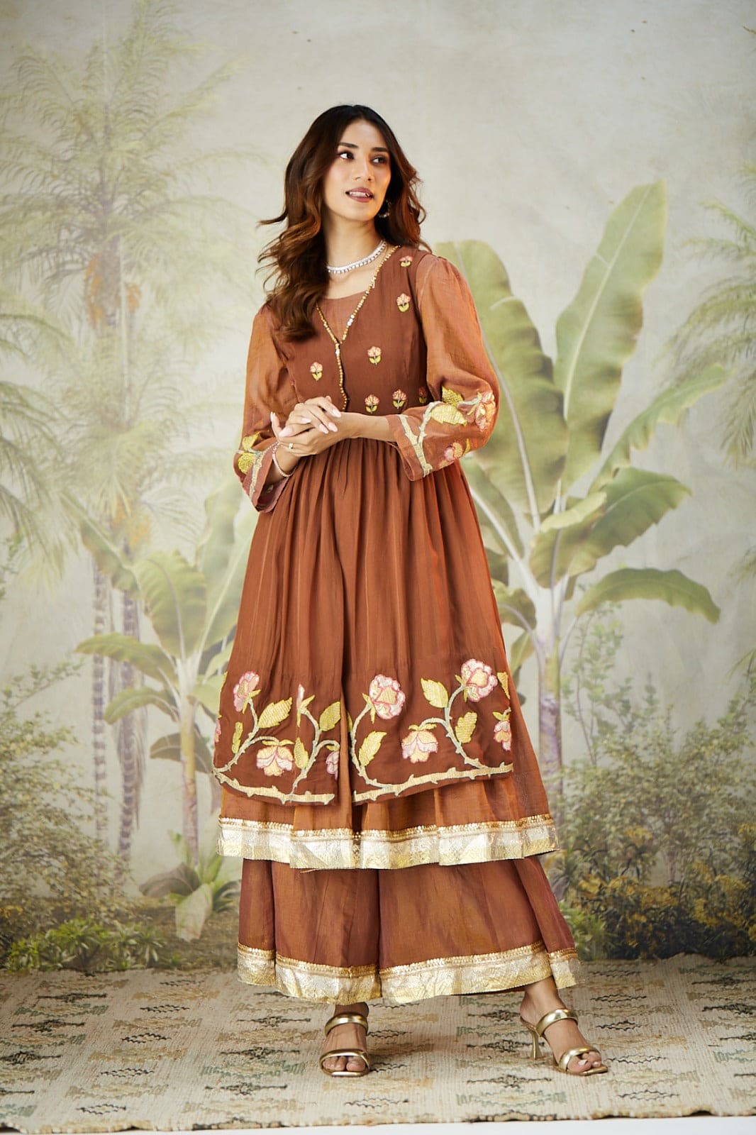 Lachka Gota Machine Work Kurta Set - Brown