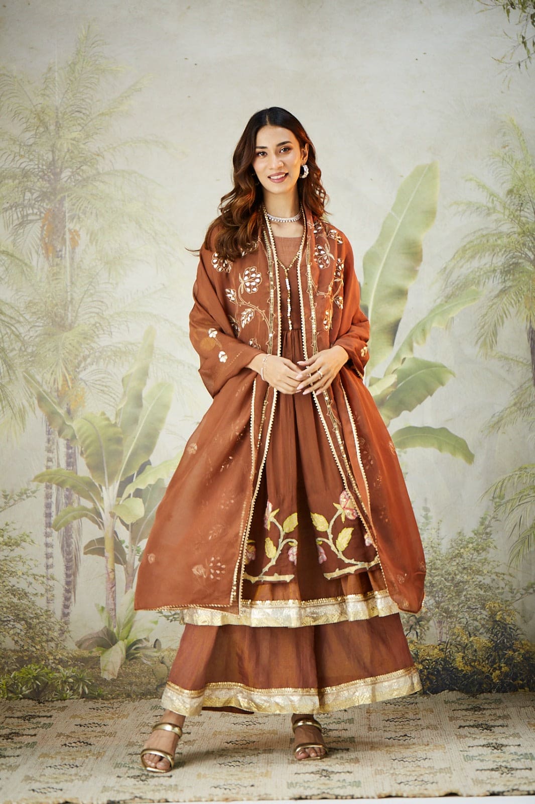 Lachka Gota Machine Work Kurta Set - Brown