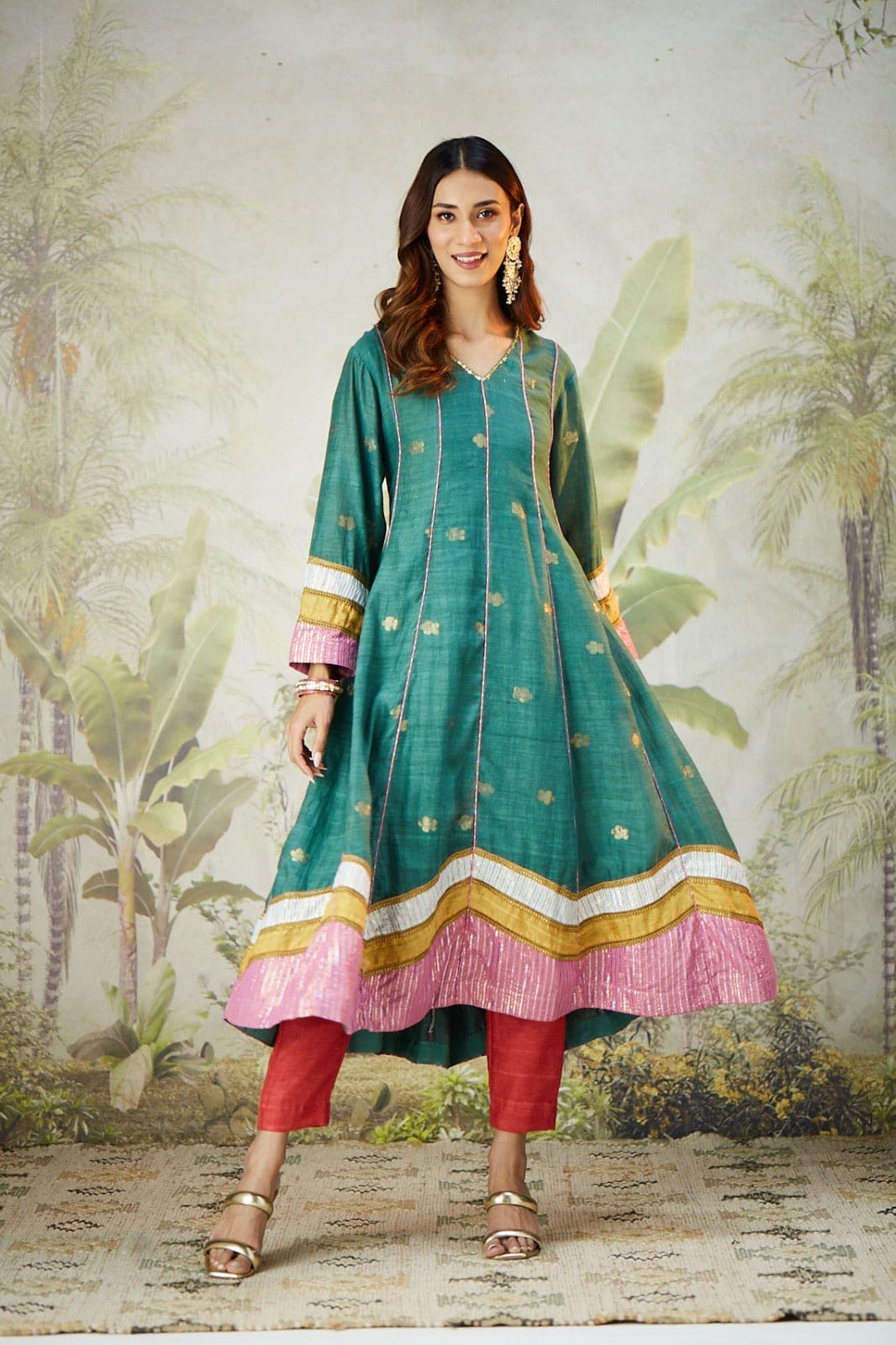 Embroidred Kurta With Overley Jacket - Emrald Green