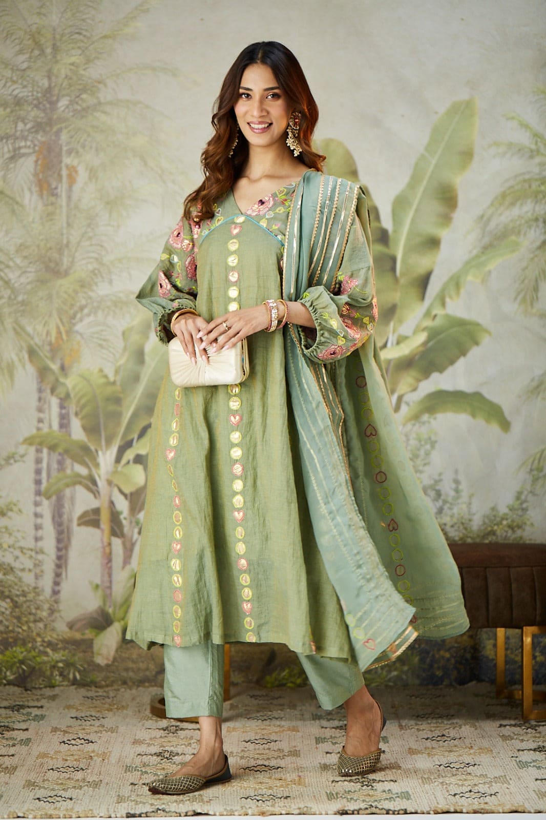 Lachka Gota & Patch Work Kurta Set - Green