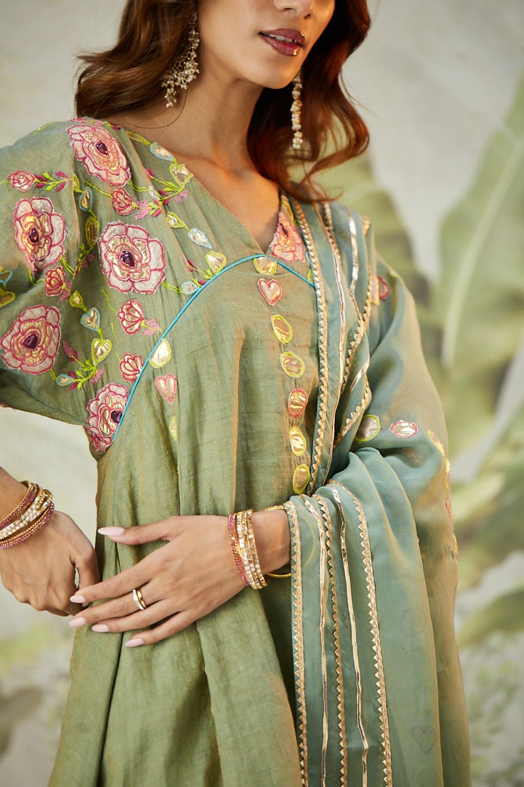 Lachka Gota & Patch Work Kurta Set - Green