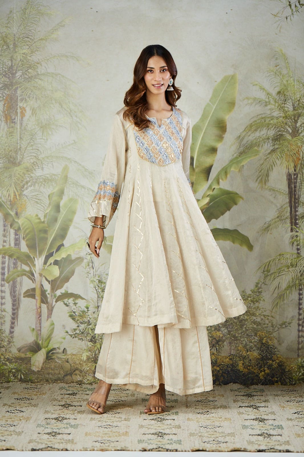 Patch Work Chanderi Kurta Set - Off-White