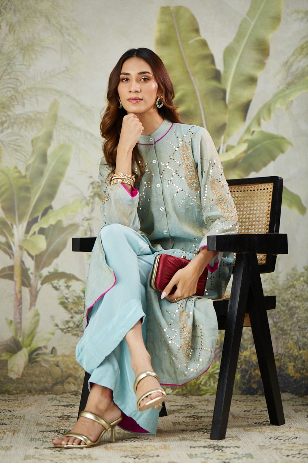 Mukaish Co-Ord Set With Overlay - Sky Blue