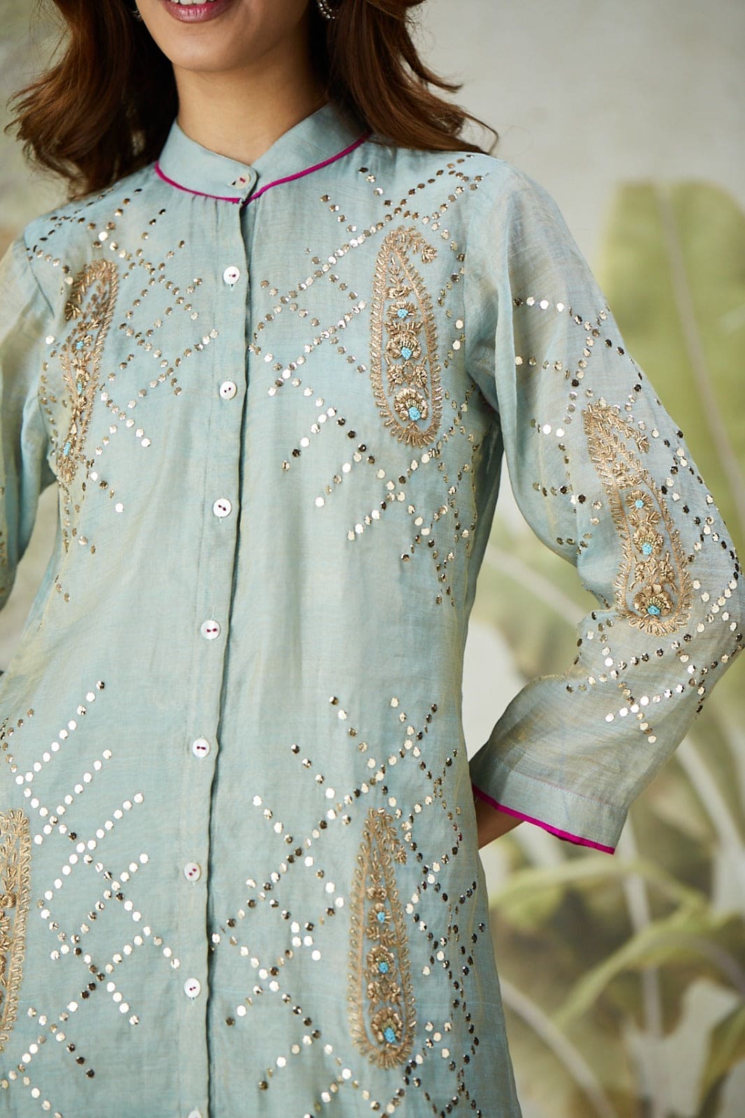 Mukaish Co-Ord Set With Overlay - Sky Blue