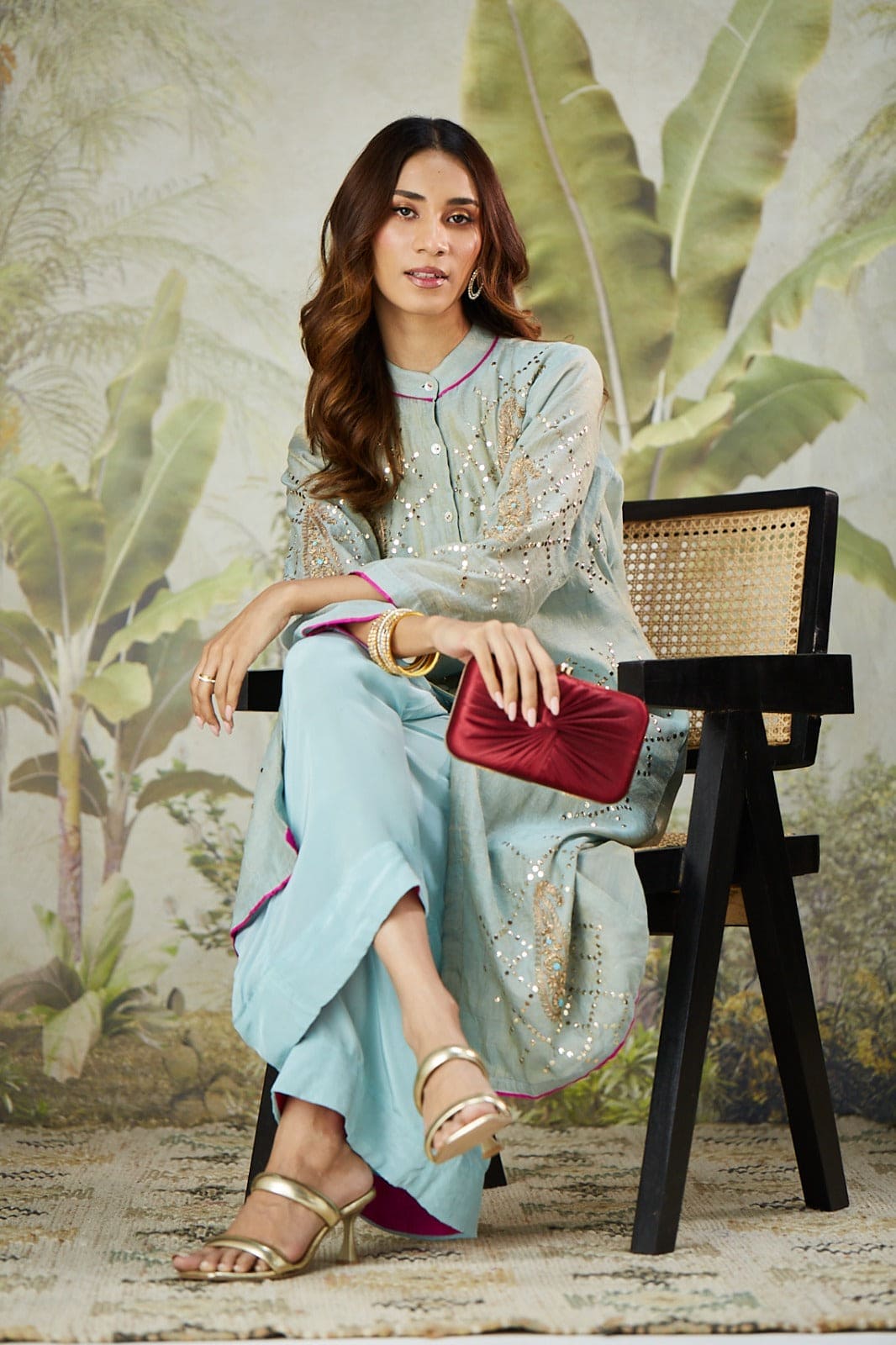 Mukaish Co-Ord Set With Overlay - Sky Blue