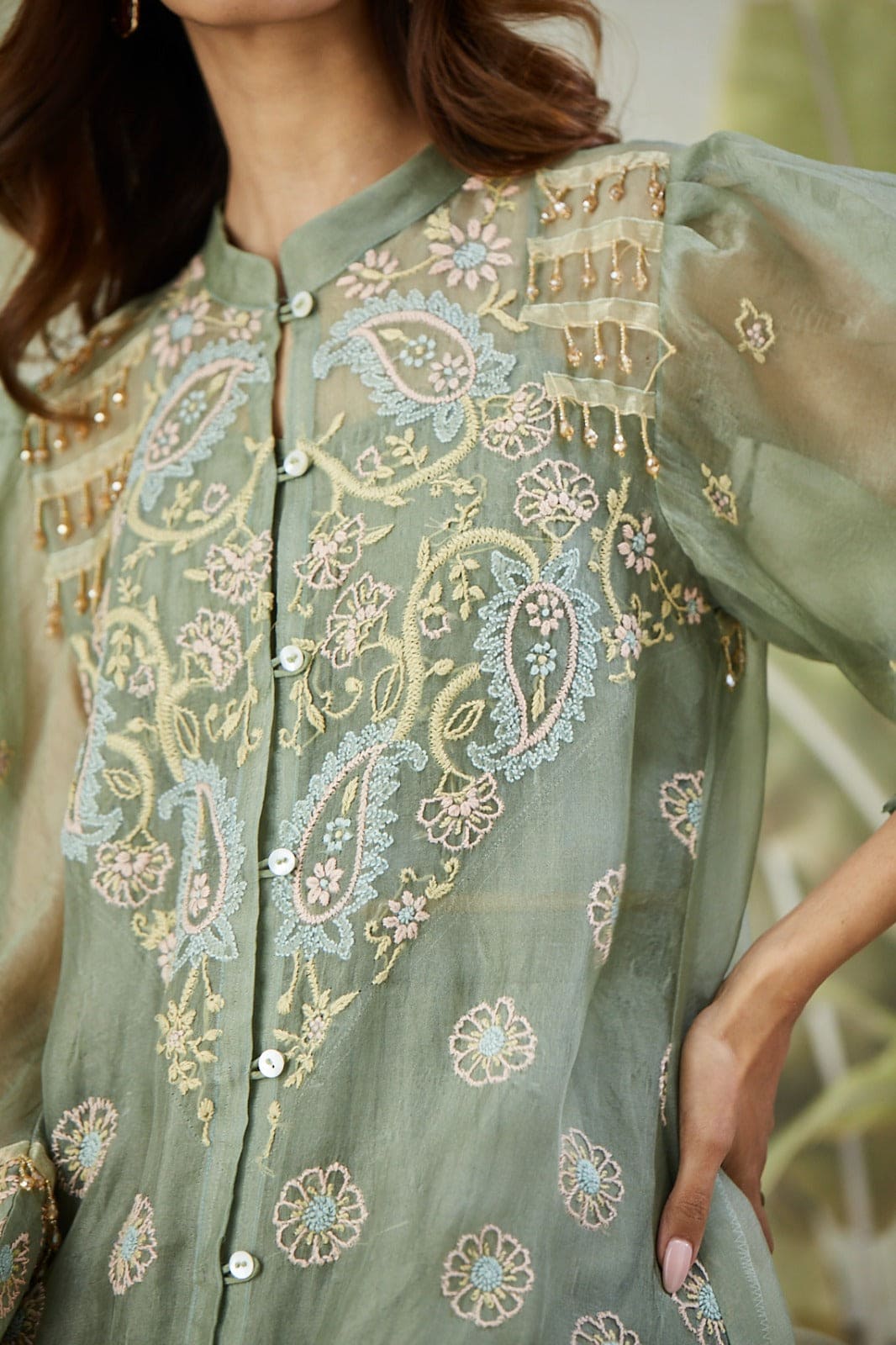 Embroidered Co-ord Set with Long Shrug - Dusty Green