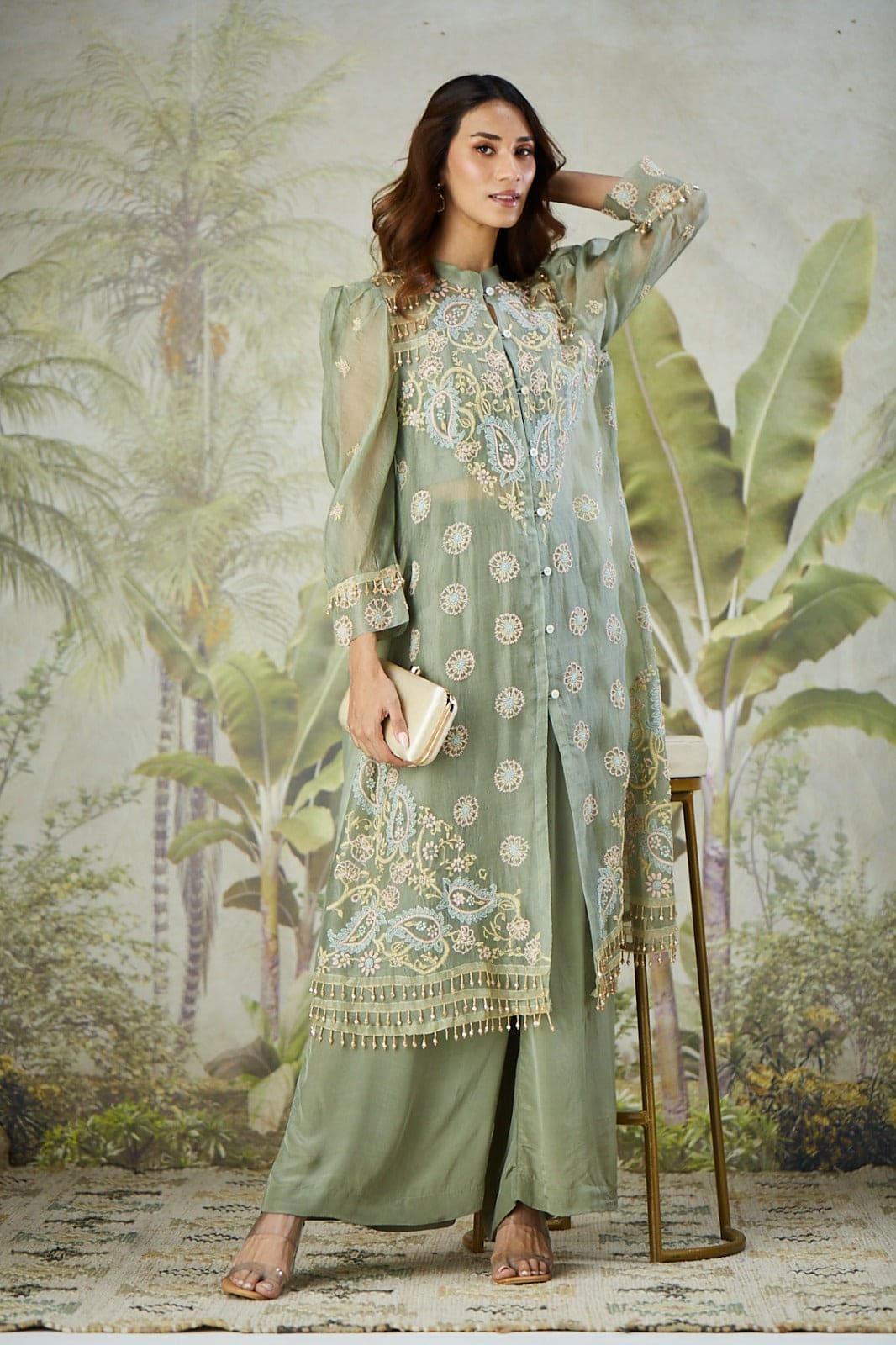 Embroidered Co-ord Set with Long Shrug - Dusty Green