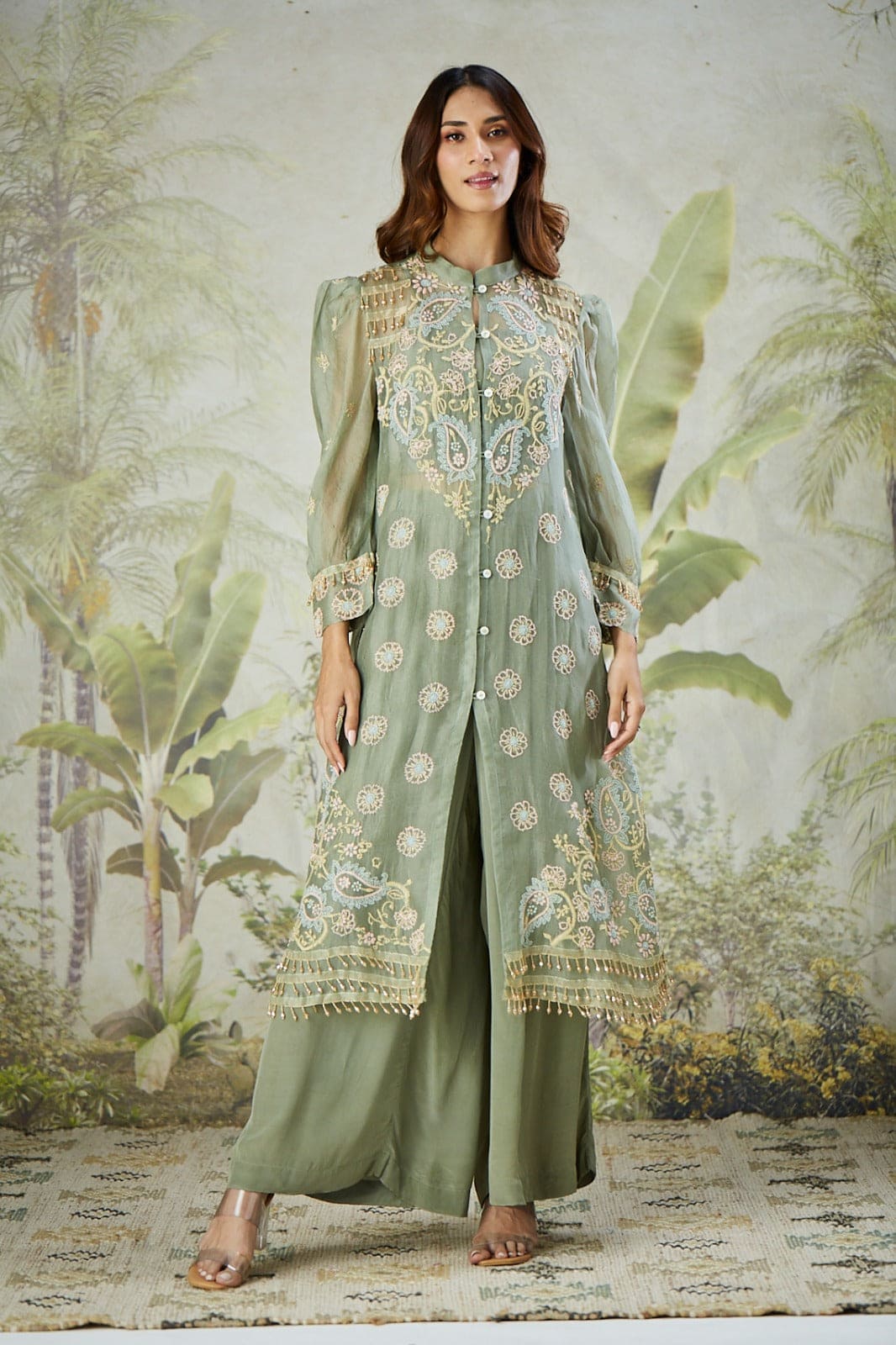 Embroidered Co-ord Set with Long Shrug - Dusty Green