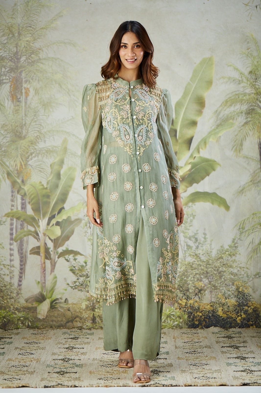Embroidered Co-ord Set with Long Shrug - Dusty Green