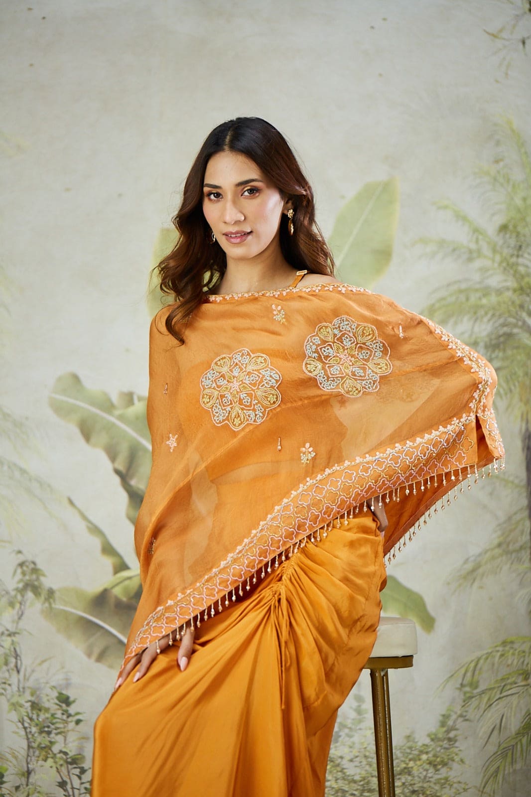 Organza Silk Cape with Drape Skirt - Orange