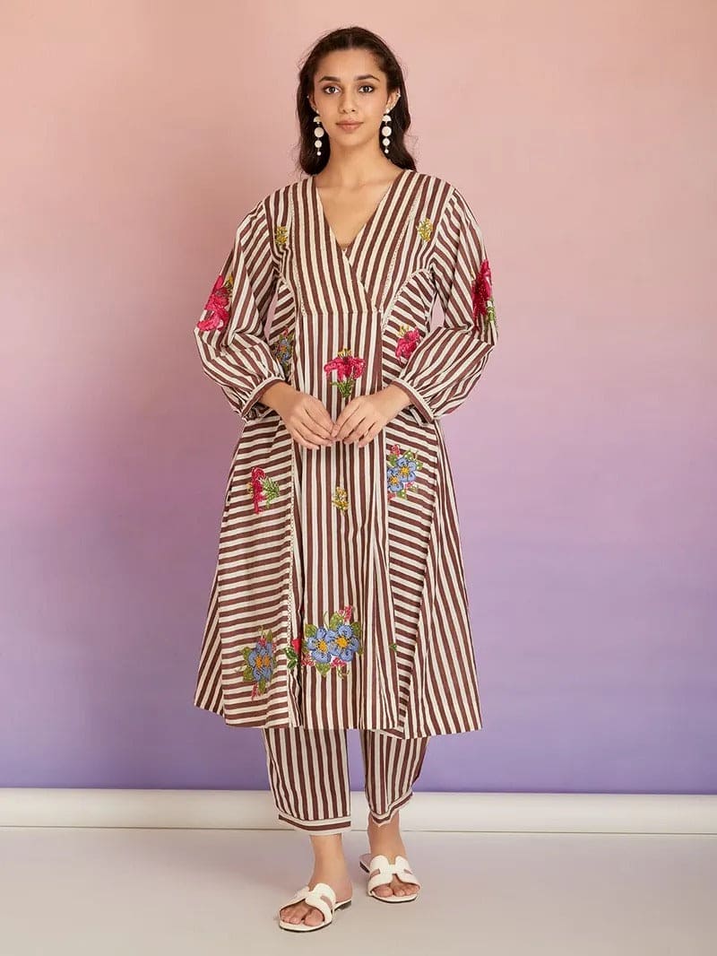 Stripes Digital printed kurta set - Brown