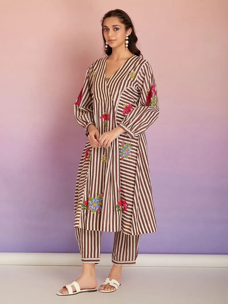 Stripes Digital printed kurta set - Brown