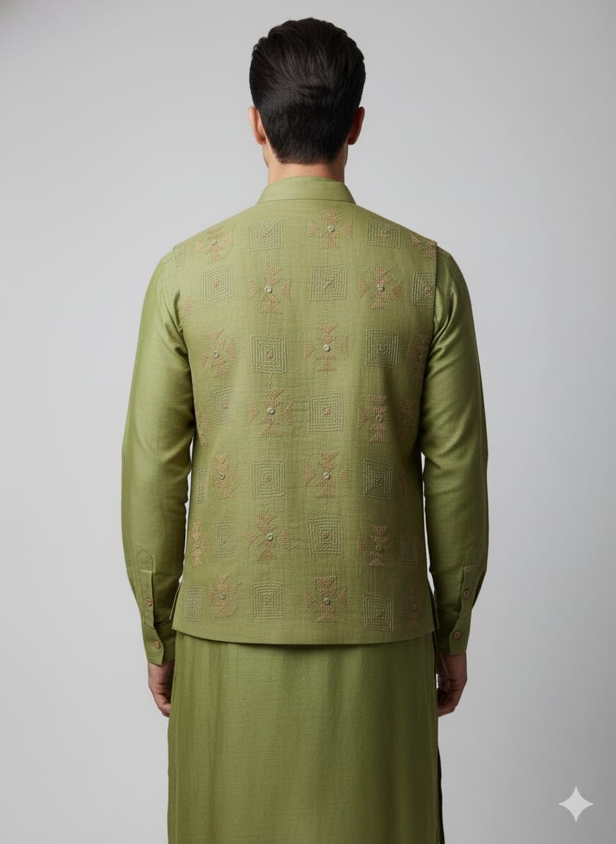 Chanderi Kantha Men Kurta Set - Green