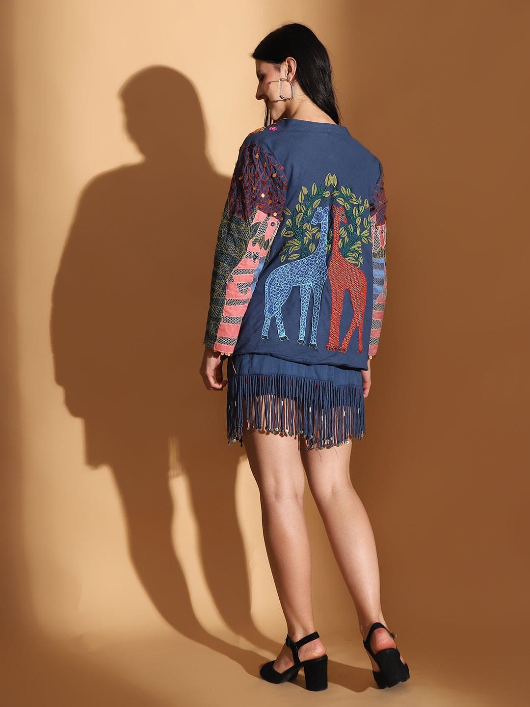 Blue Gond Artwork Dress With Overlay Jacket - Charkha TalesBlue Gond Artwork Dress With Overlay Jacket