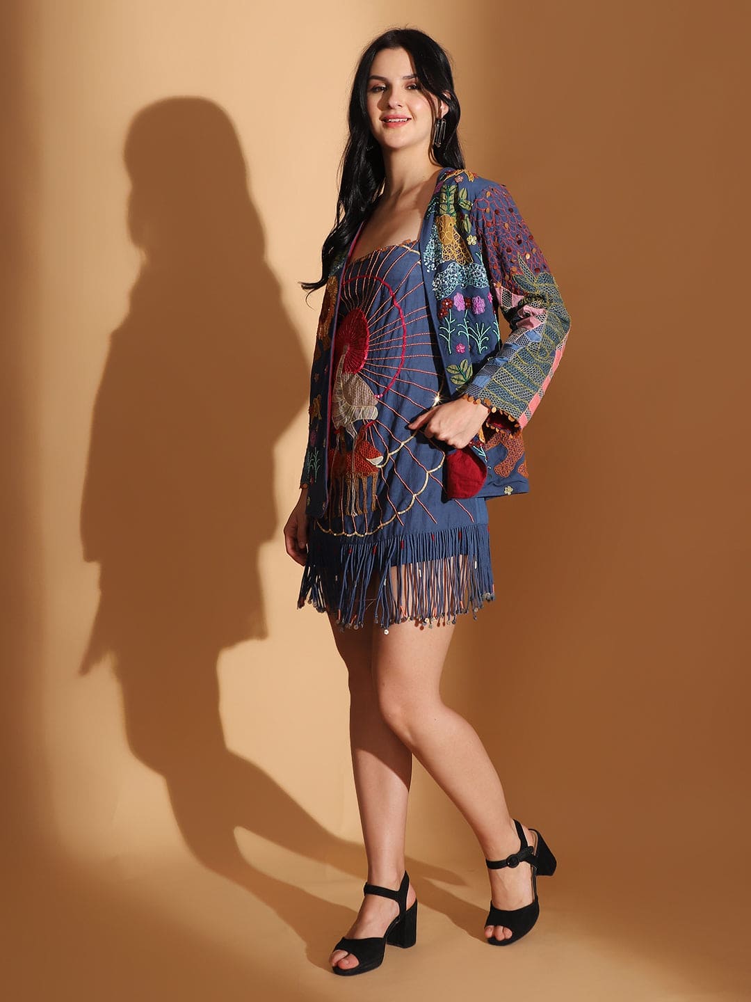 Blue Gond Artwork Dress With Overlay Jacket - Charkha TalesBlue Gond Artwork Dress With Overlay Jacket