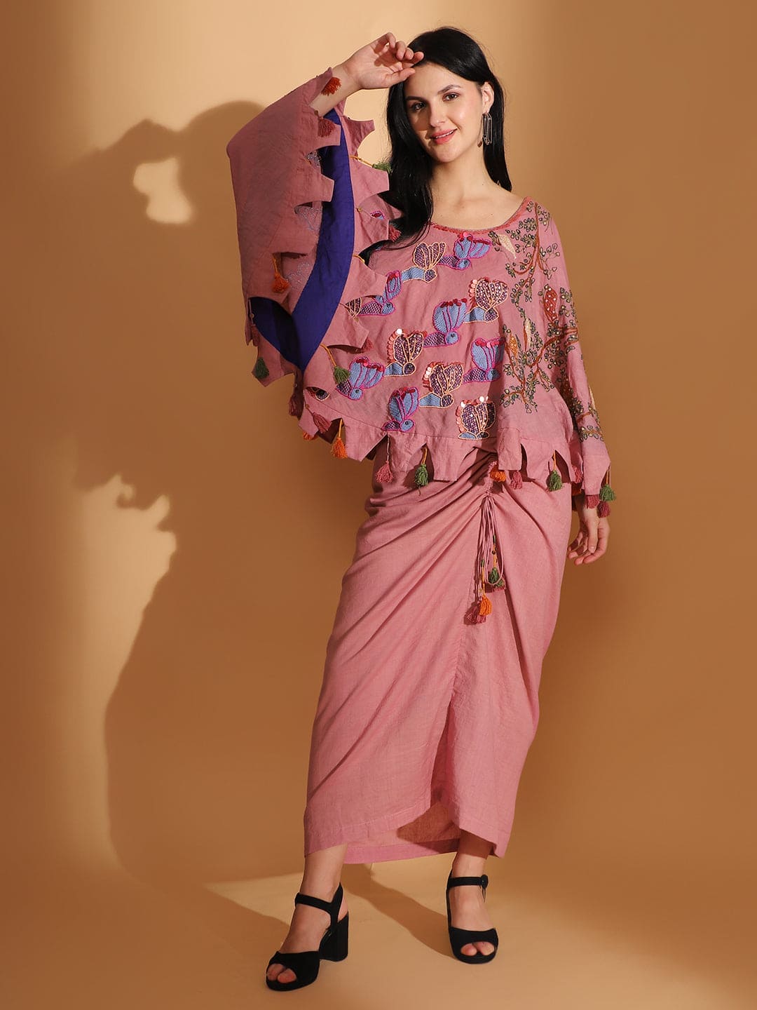 Blush Pink Gond Artwork Top & Skirt - Charkha TalesBlush Pink Gond Artwork Top & Skirt