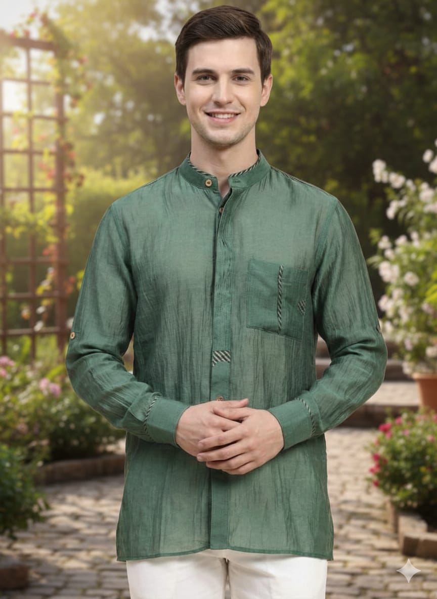 Chanderi Men Shirt - Emerald Green Charkha Tales Chanderi Men Shirt - Emerald Green Charkha Tales