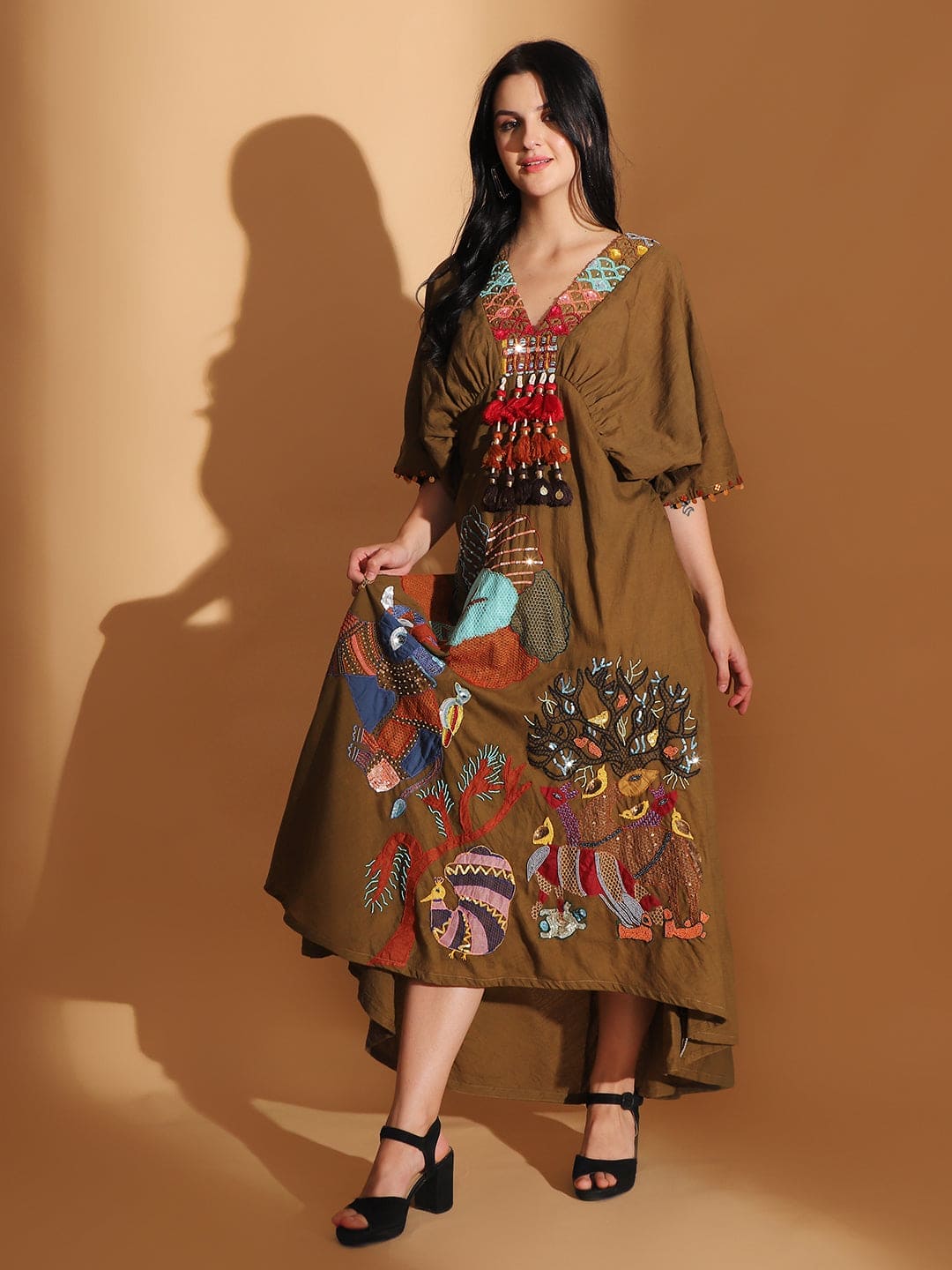 Earthy Olive Gond Artwork Dress - Charkha TalesEarthy Olive Gond Artwork Dress