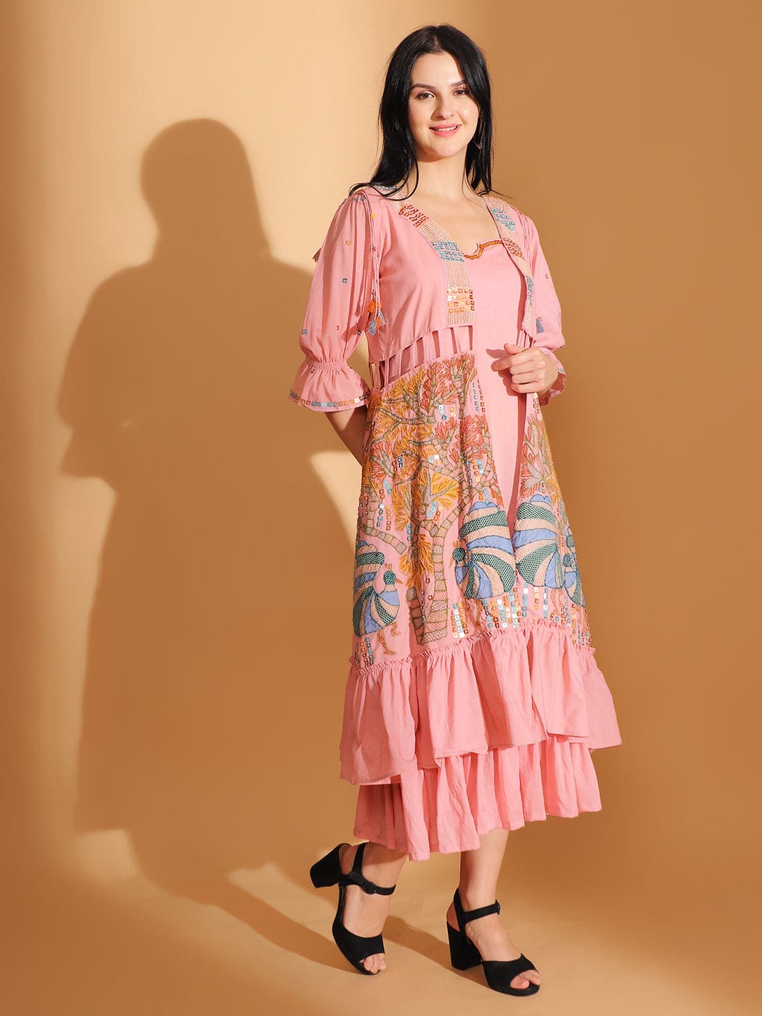 Peach Gond Artwork Dress With Long Shrug - Charkha TalesPeach Gond Artwork Dress With Long Shrug