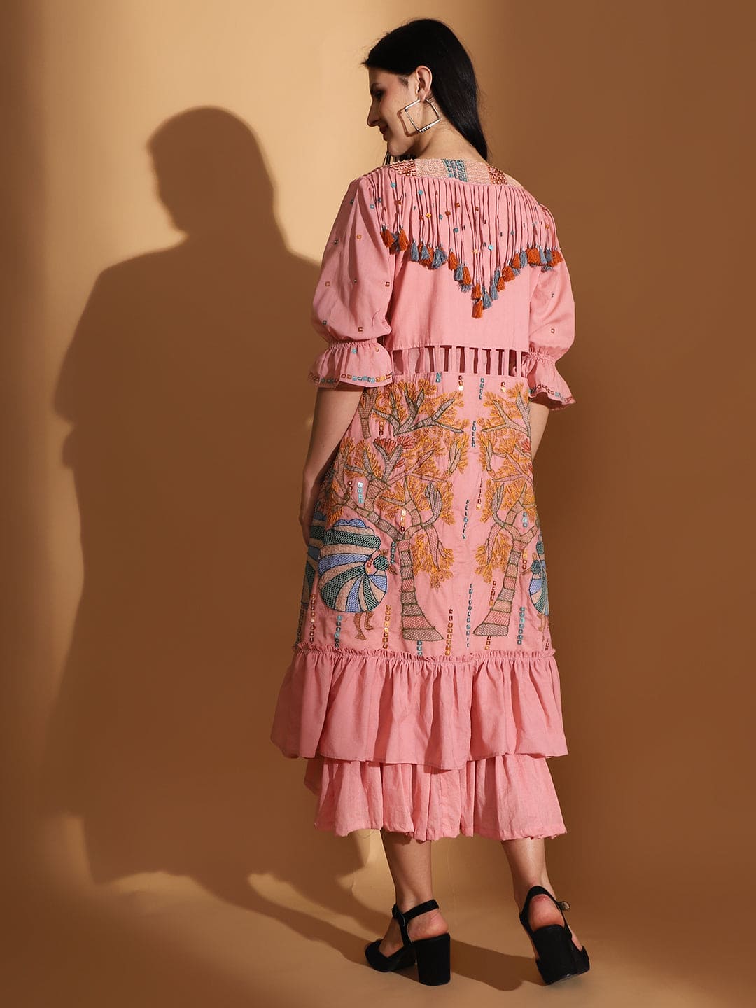 Peach Gond Artwork Dress With Long Shrug - Charkha TalesPeach Gond Artwork Dress With Long Shrug