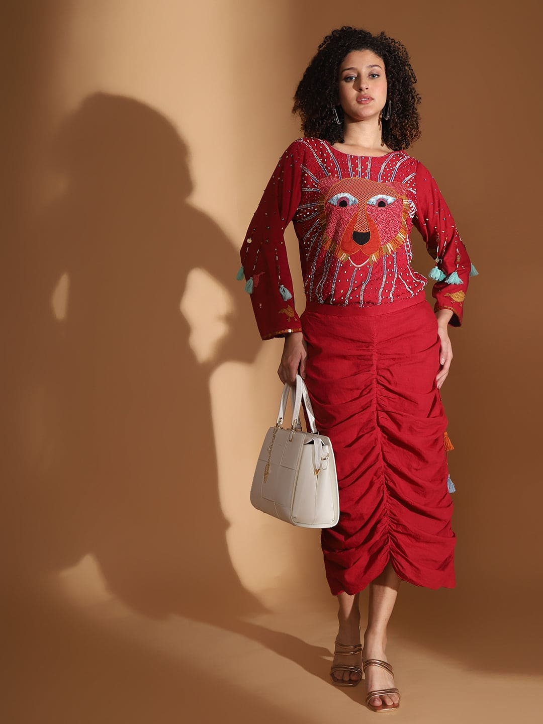 Red Gond Artwork Top & Skirt - Charkha TalesRed Gond Artwork Top & Skirt