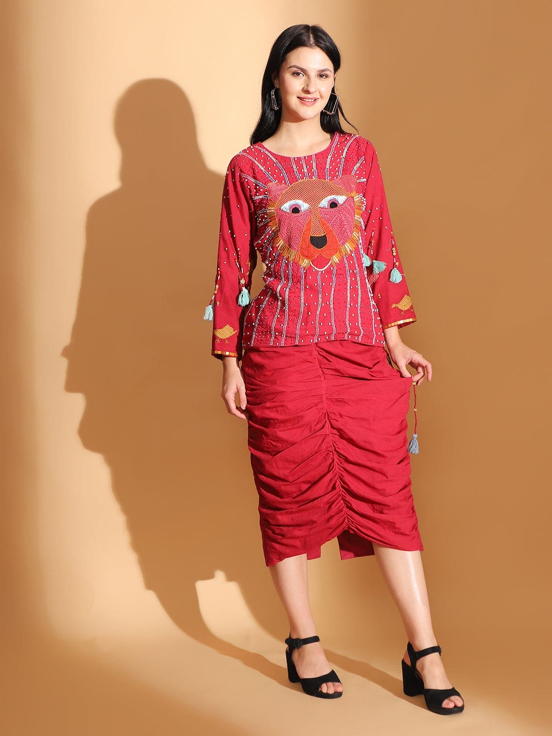 Red Gond Artwork Top & Skirt - Charkha TalesRed Gond Artwork Top & Skirt