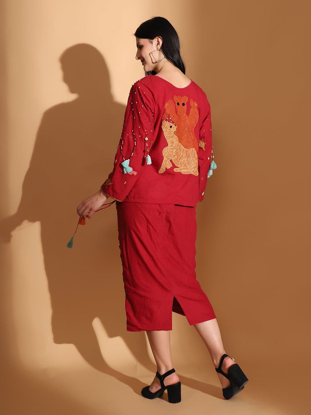 Red Gond Artwork Top & Skirt - Charkha TalesRed Gond Artwork Top & Skirt