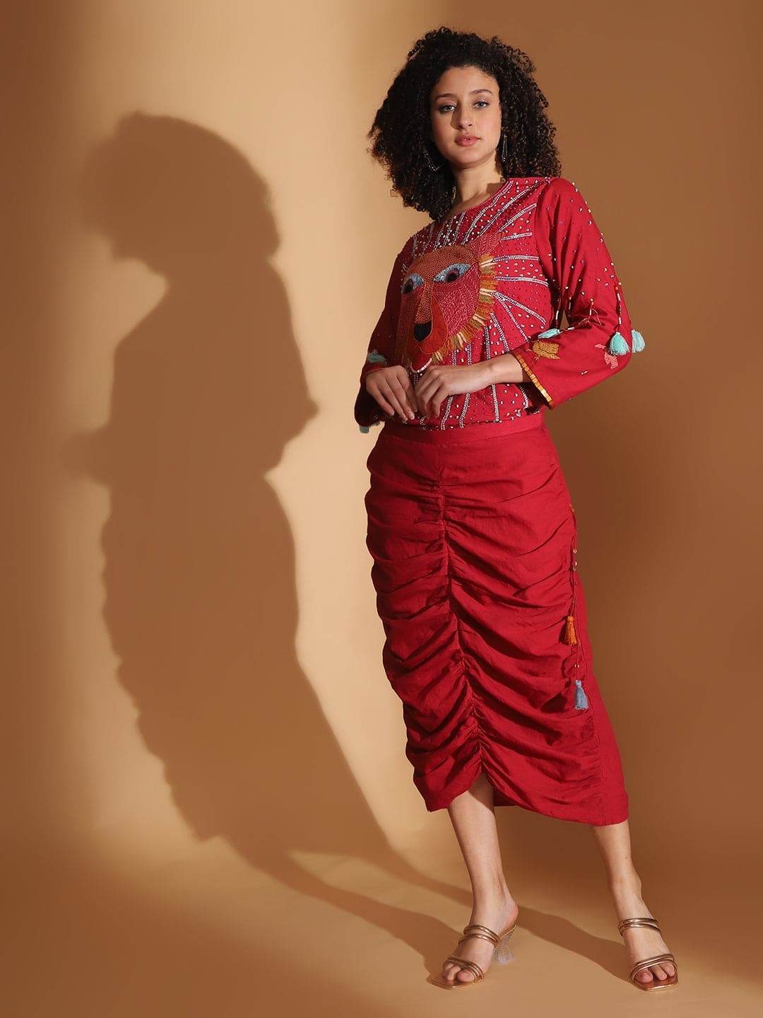 Red Gond Artwork Top & Skirt - Charkha TalesRed Gond Artwork Top & Skirt