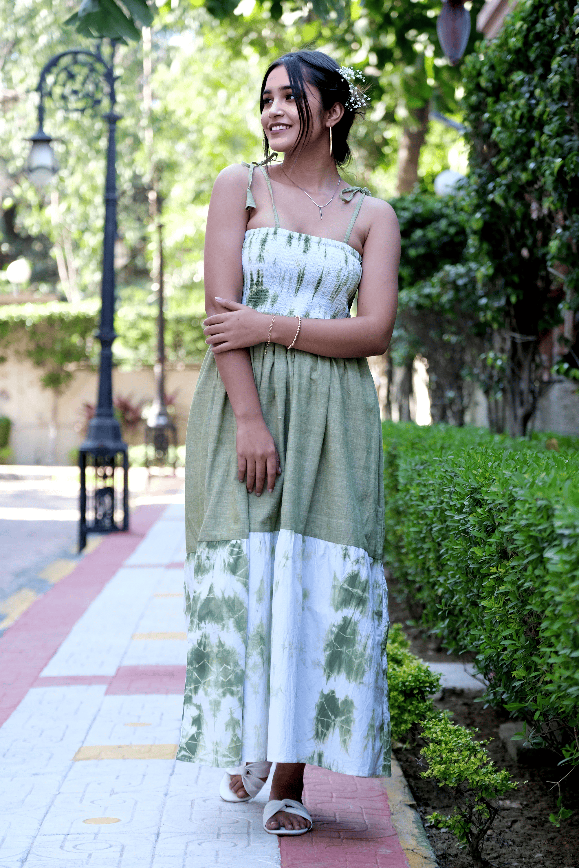 white christmas dresses Green Tie-Dye Cotton Dress | Handcrafted