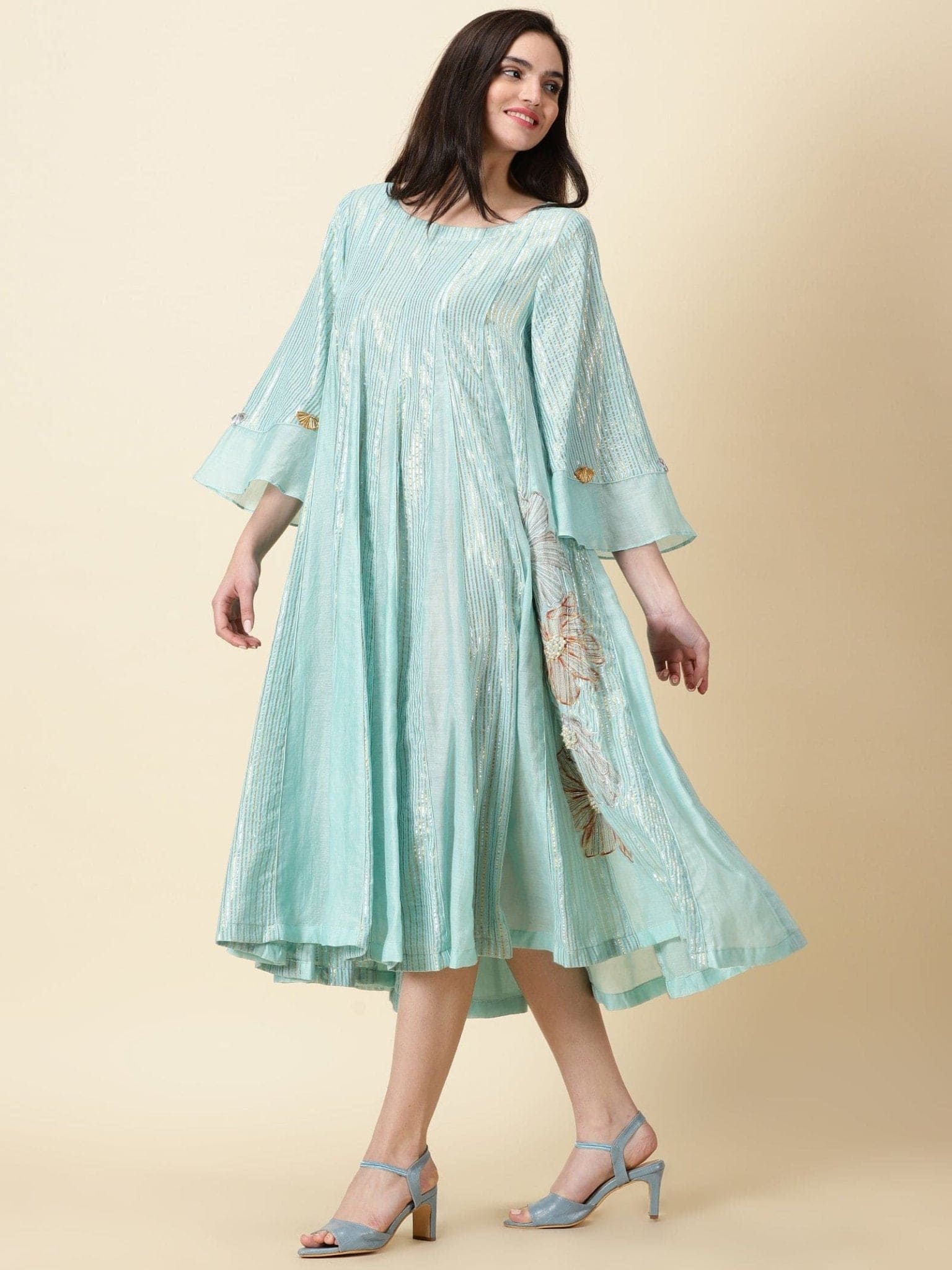 Aqua Blue Lurex Women Dress - Charkha TalesAqua Blue Lurex Women Dress