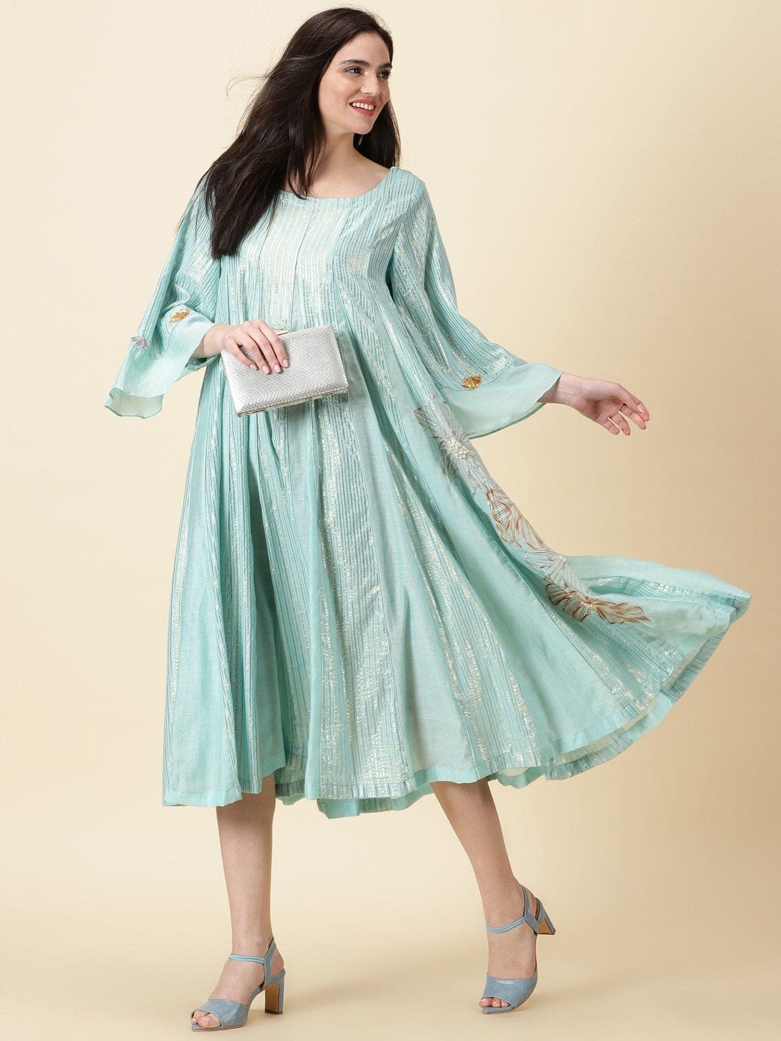 Aqua Blue Lurex Women Dress - Charkha Aqua Green Embroidered Kaftan dress -  dresses for women