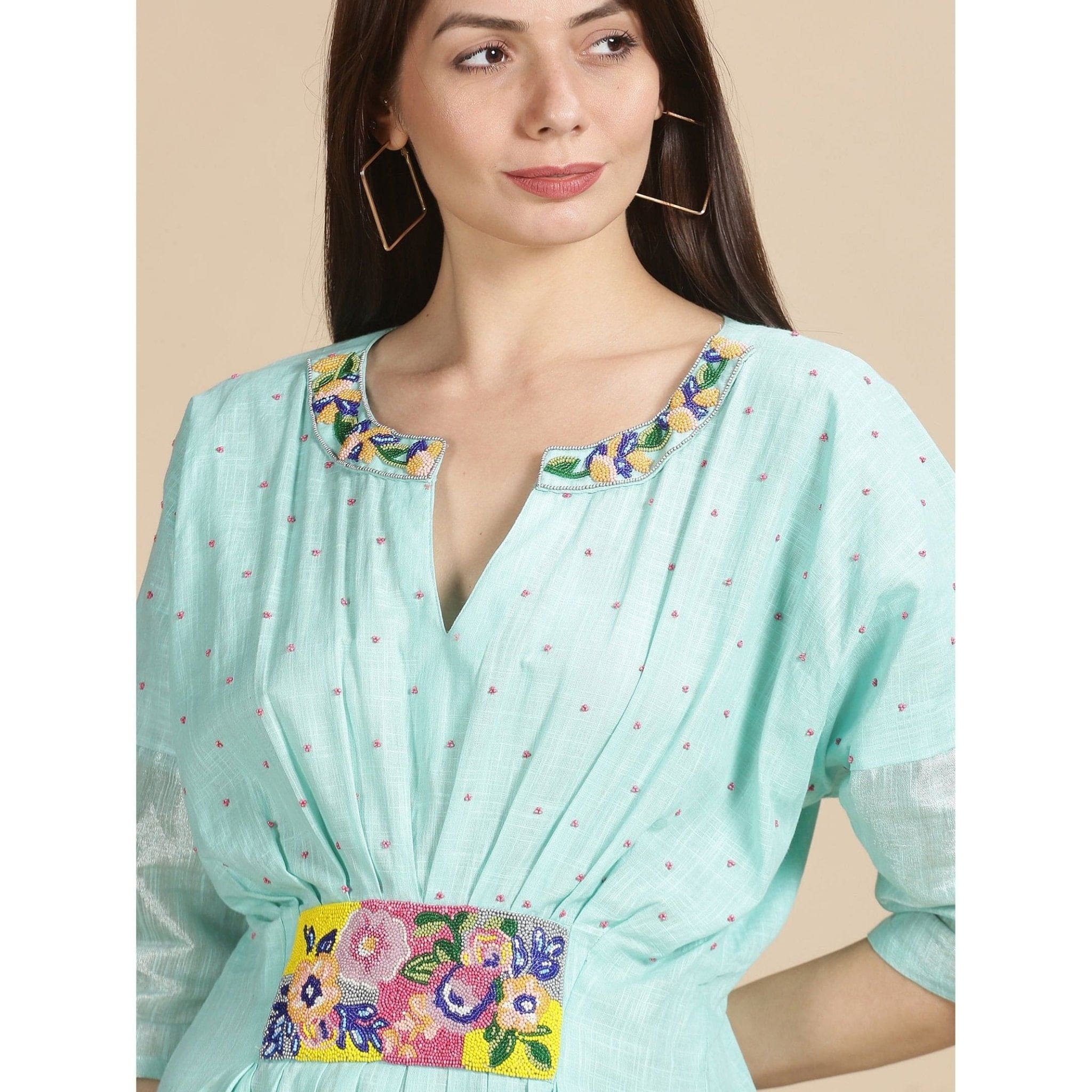 Aqua Green Embroidered Kaftan dress - Charkha Tales, dress for women