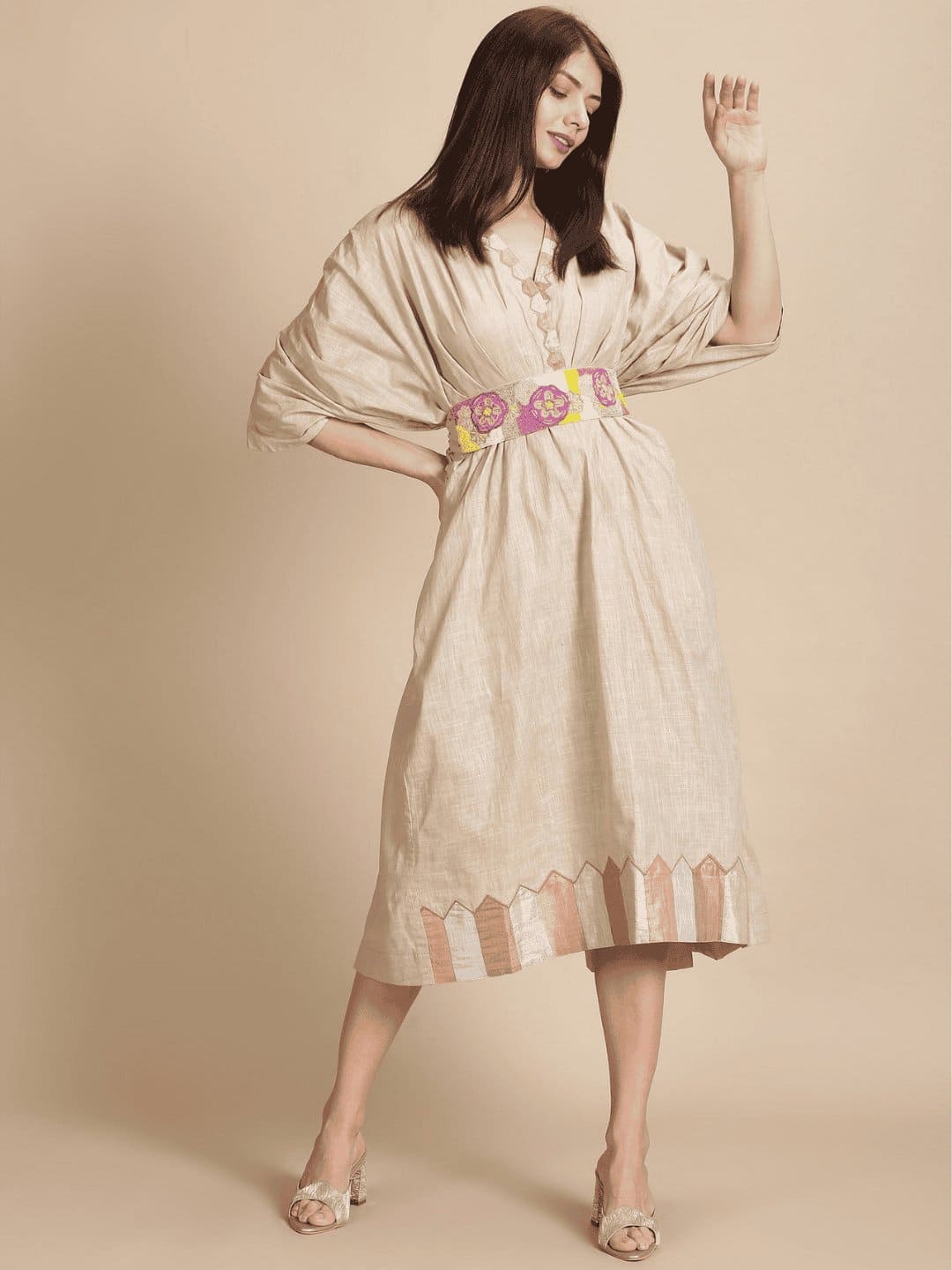 Beige Beads Linen Kaftan Dress - Charkha TalesBeige Beads Linen Kaftan Dress