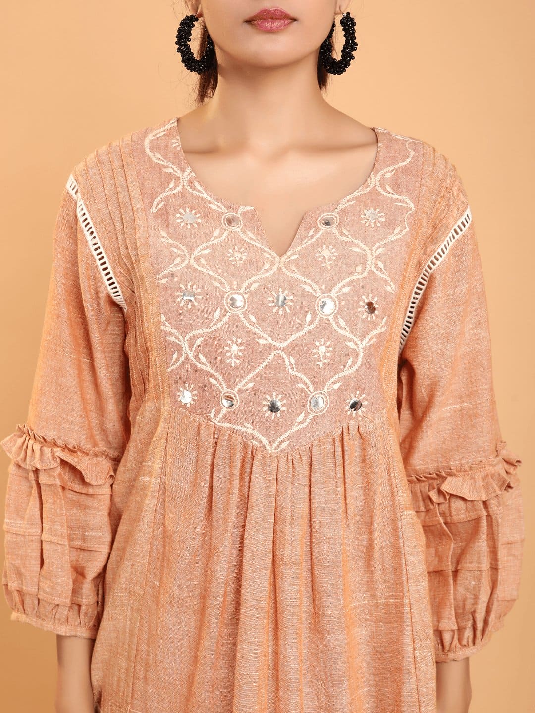 Beige Boho Chikankari Cotton Dress - Charkha TalesBeige Boho Chikankari Cotton Dress for women